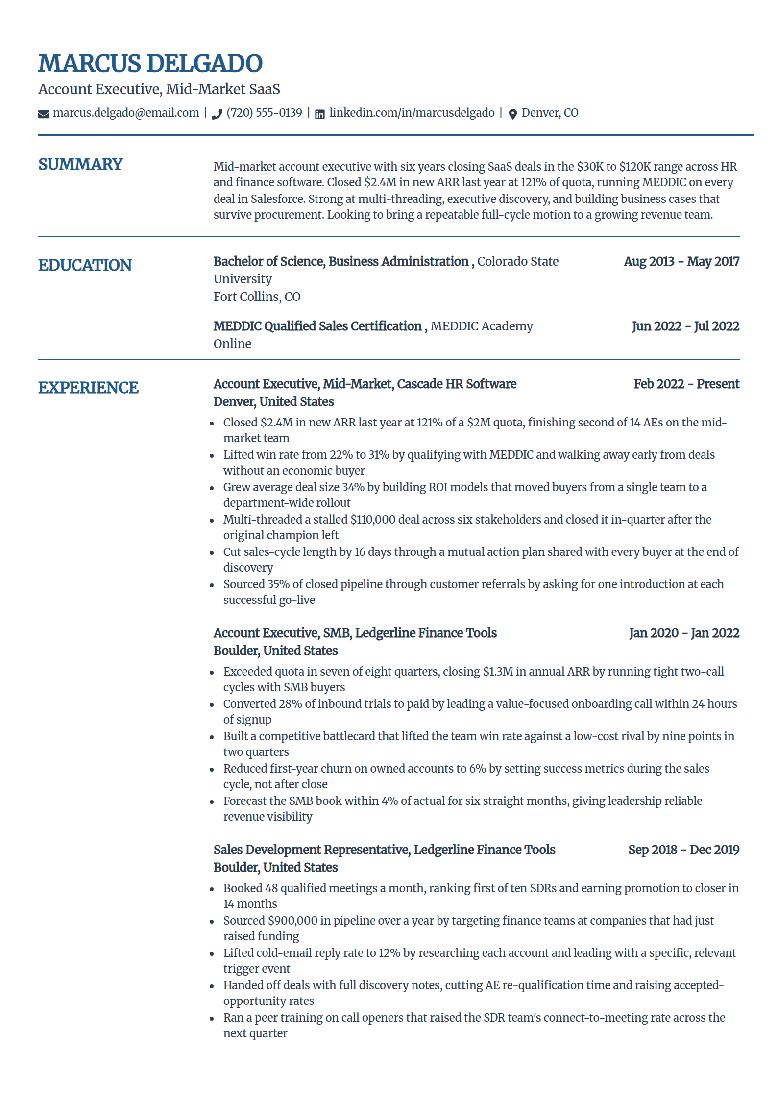 Mid-market account executive resume example in the Craft template
