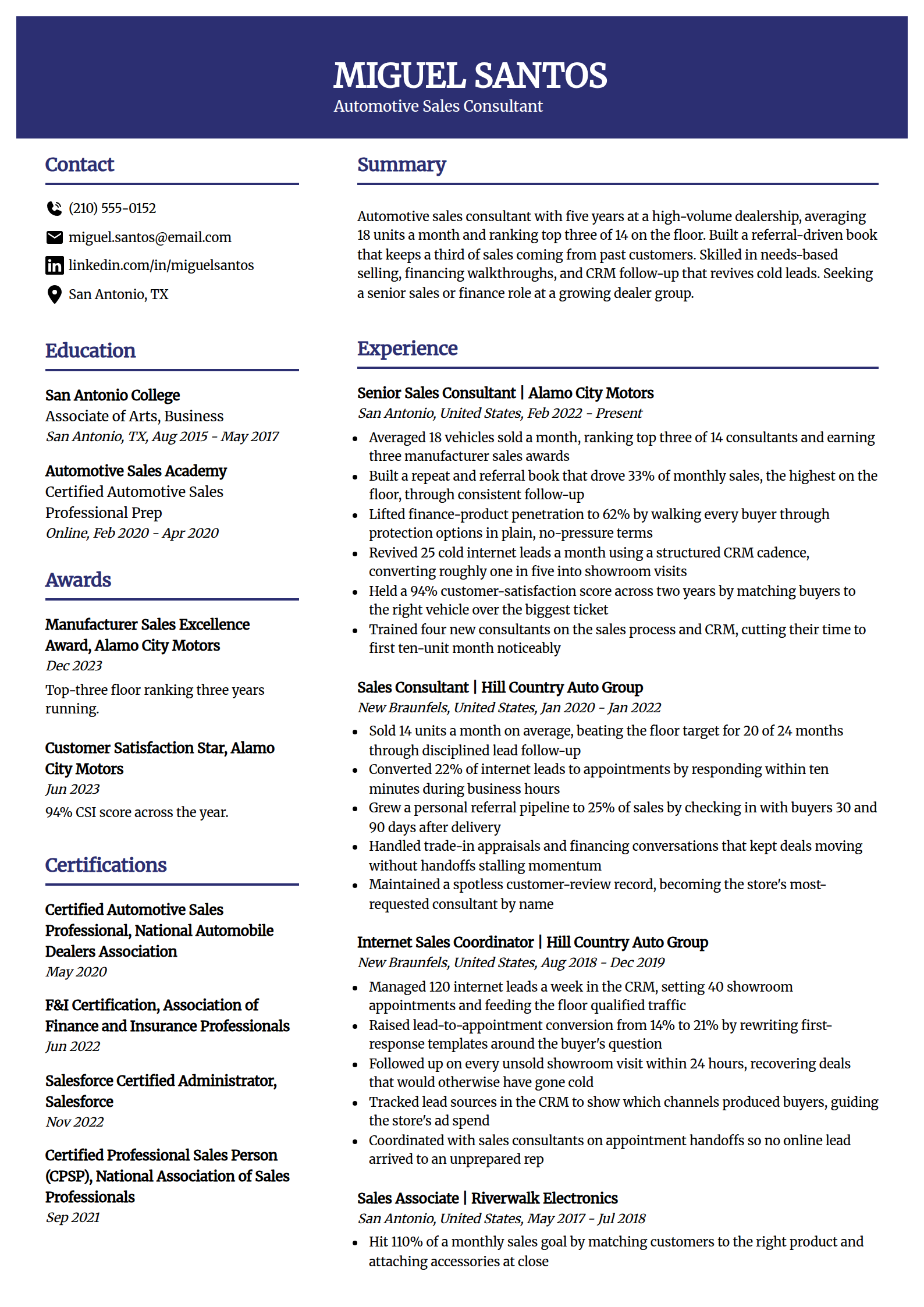 Automotive sales consultant resume example in the Visionary template