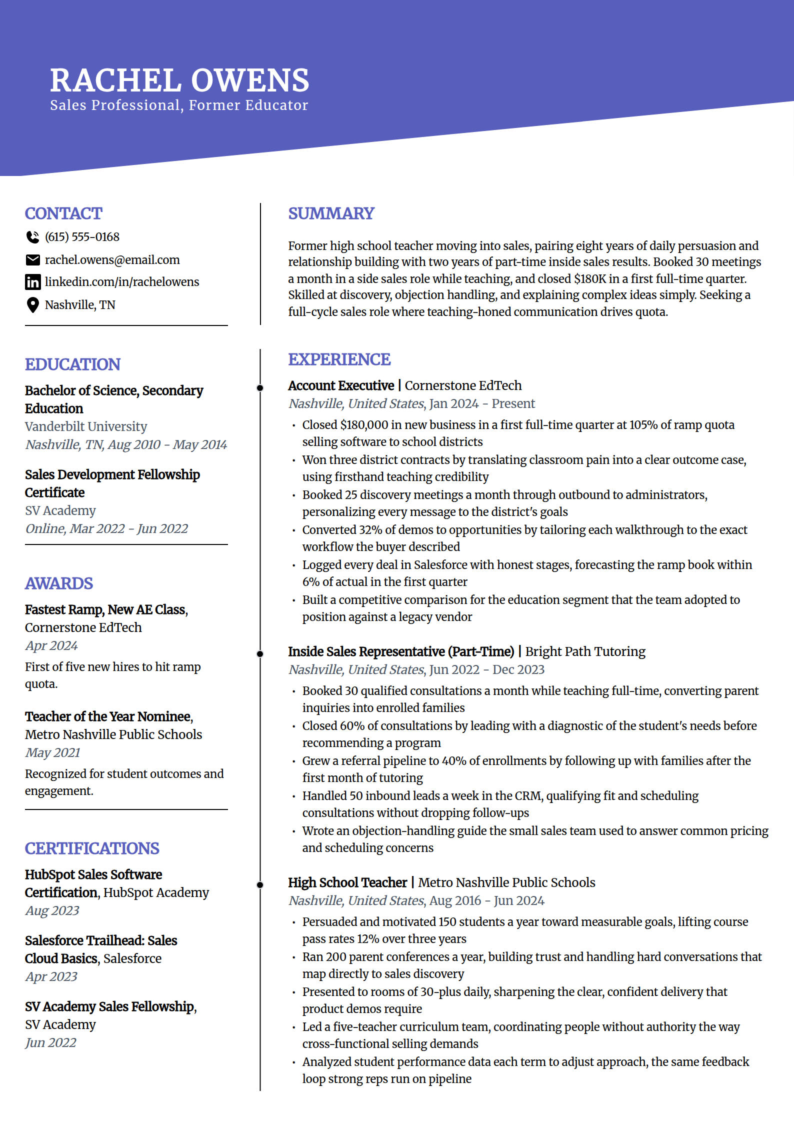 Career-changer into sales resume example in the Orbit template
