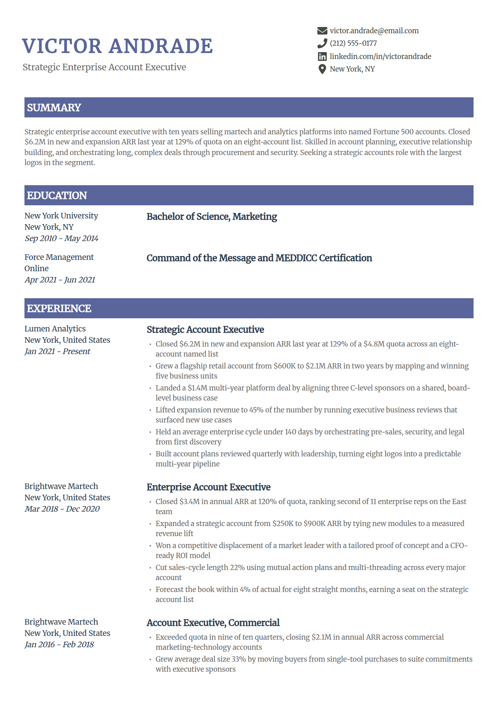 Strategic enterprise account executive resume example in the Catalyst template