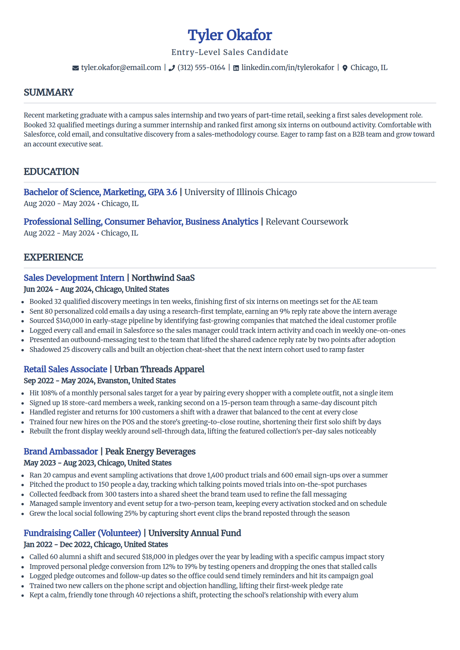 Entry-level sales resume example in the Simple template