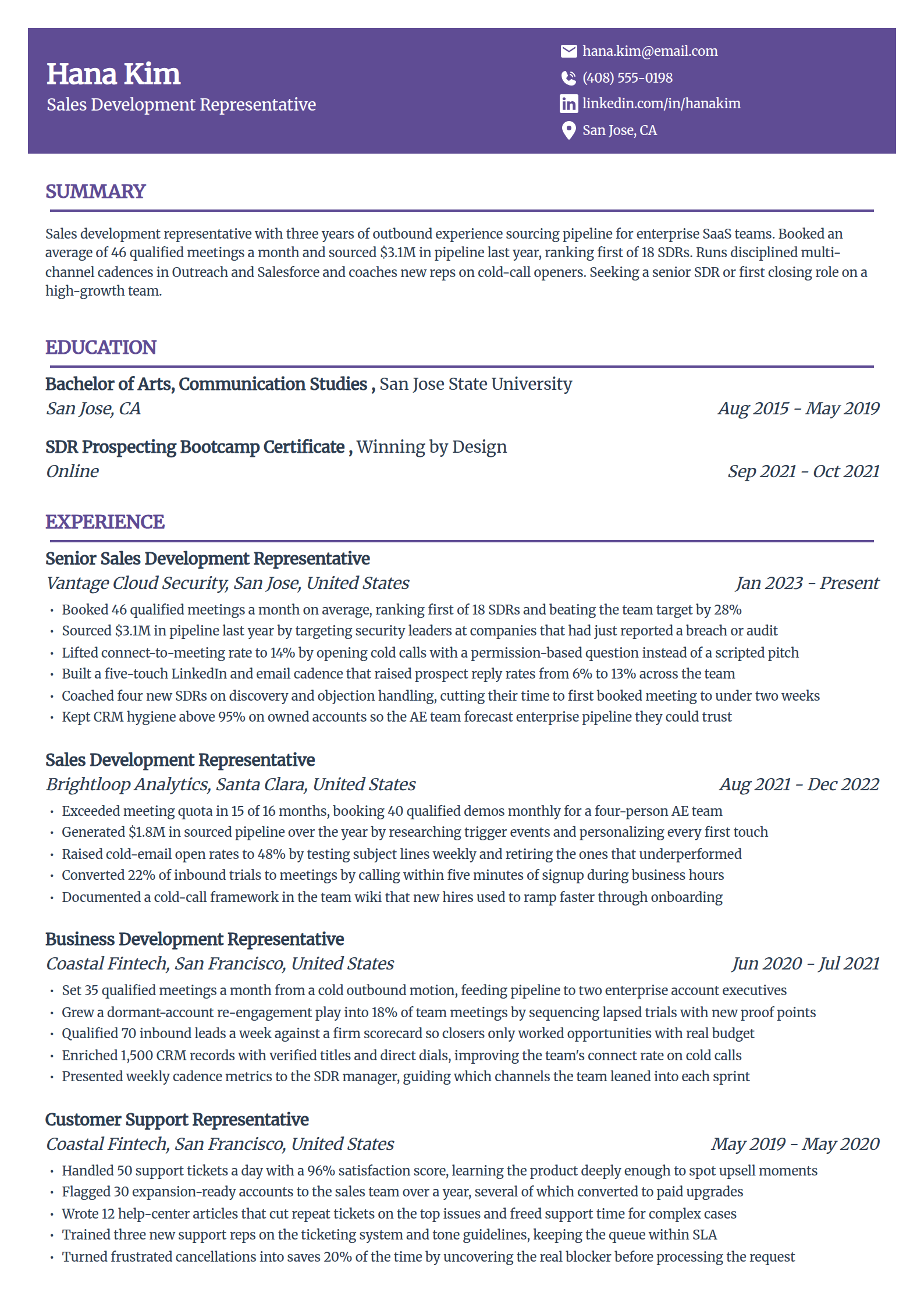 Inside sales and SDR resume example in the Panorama template