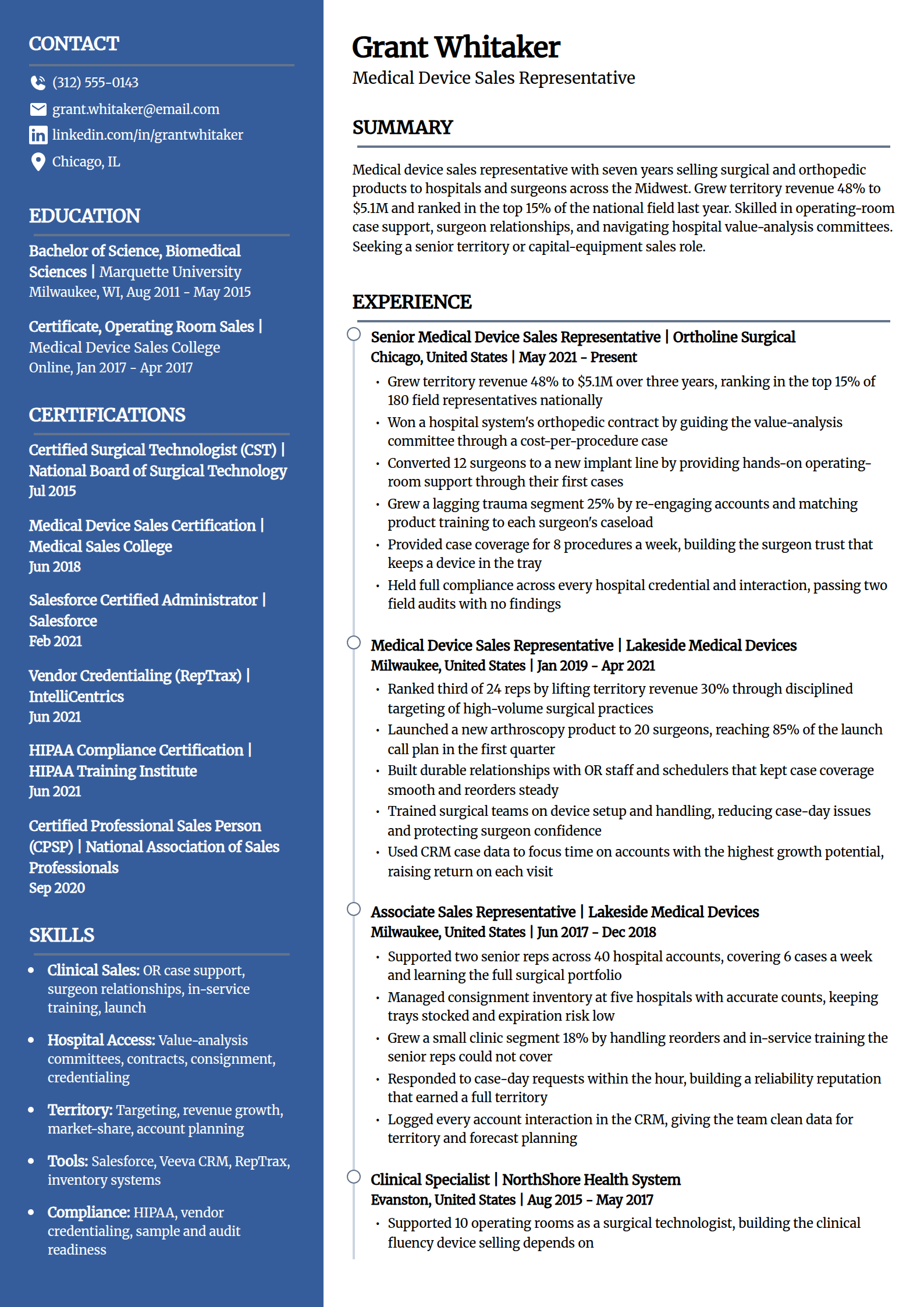 Medical device sales representative resume example in the Creative template