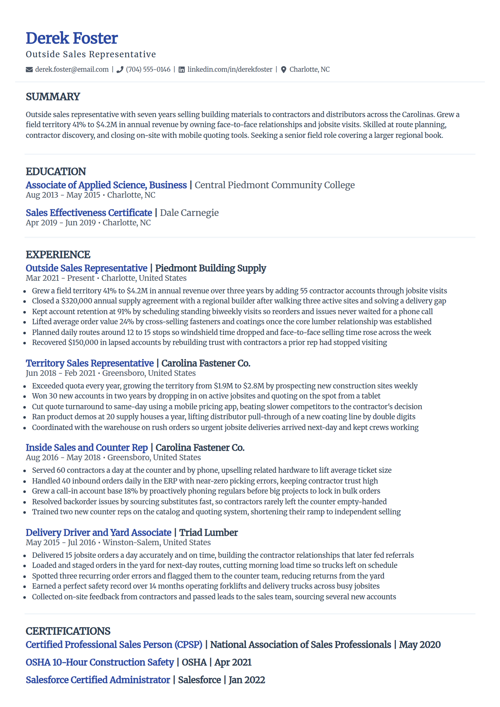 Outside field sales resume example in the Elegant template
