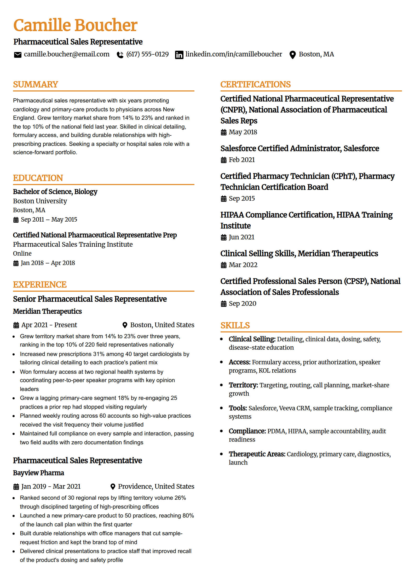 Pharmaceutical sales representative resume example in the Professional Edge template