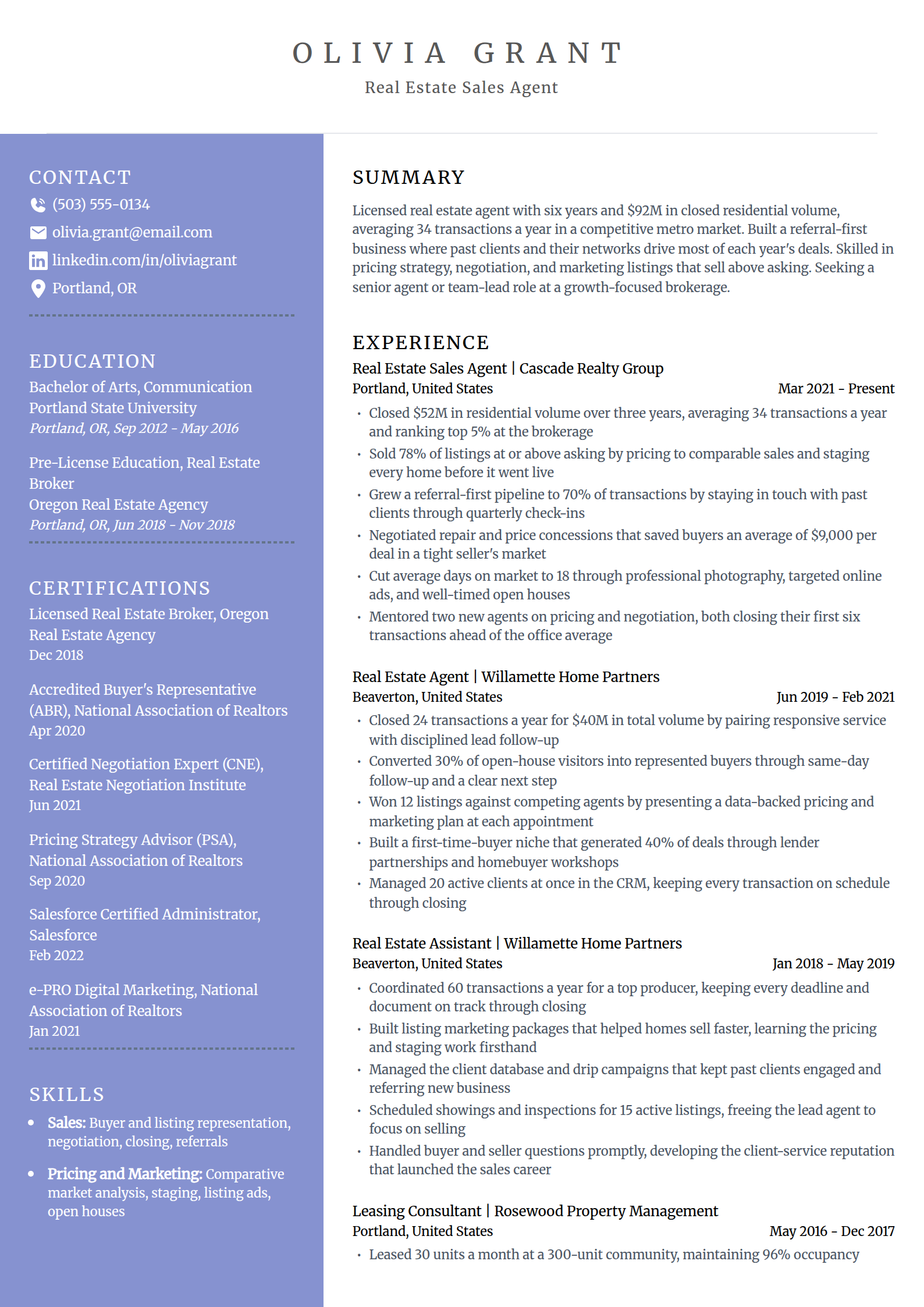 Real estate sales agent resume example in the Luminary template
