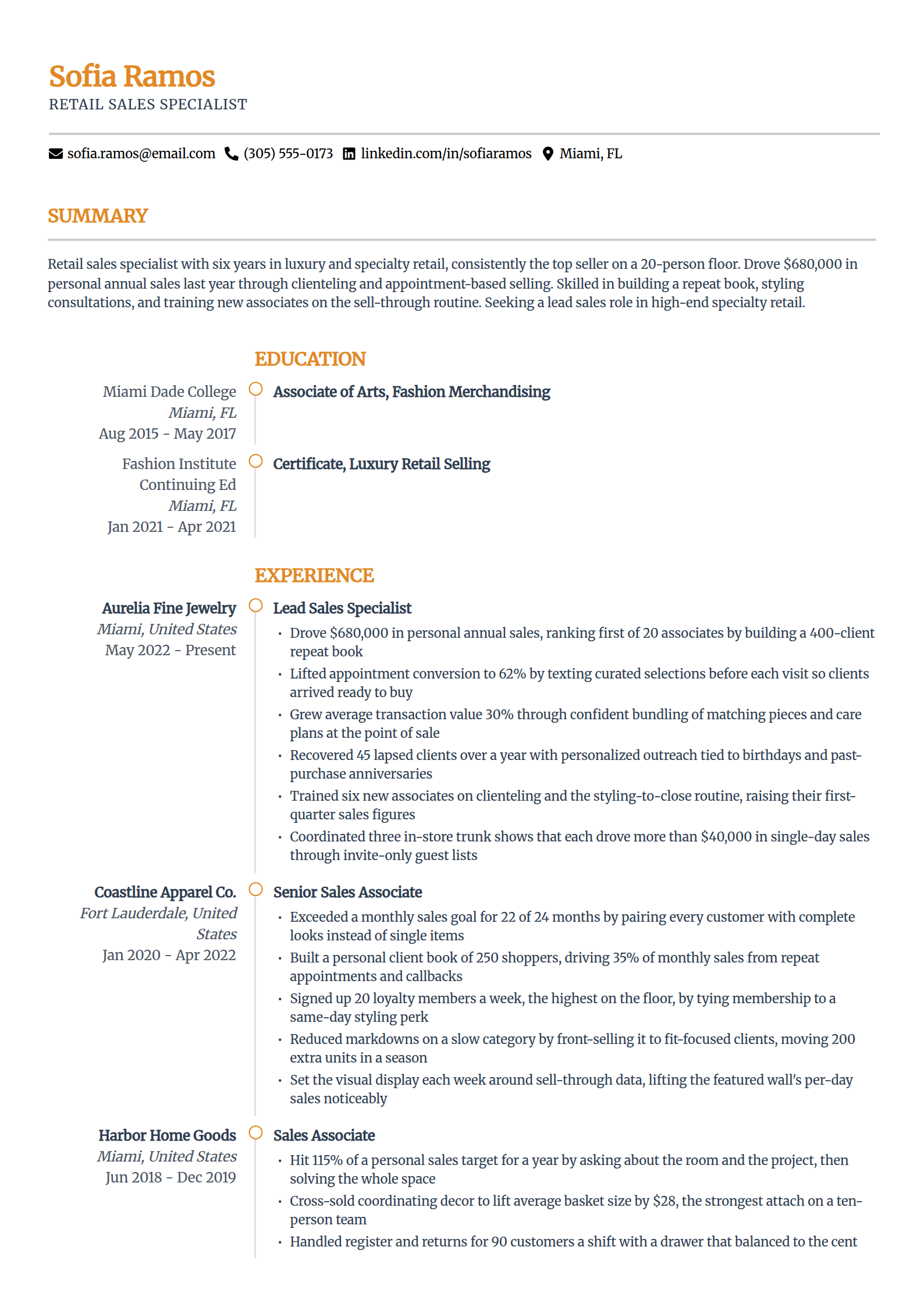 Experienced retail sales specialist resume example in the Zenith template