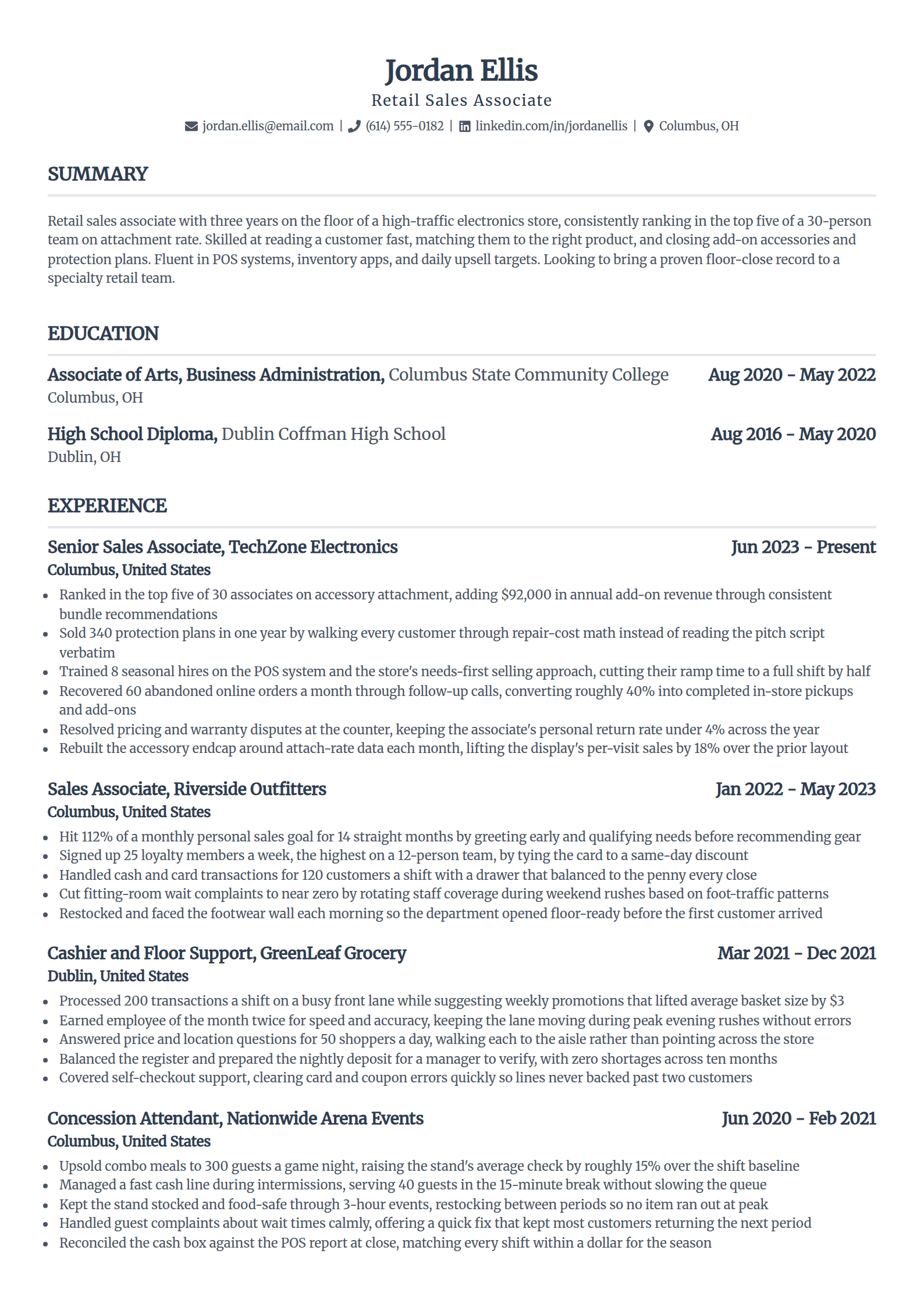 Sales associate resume example in the Standard template