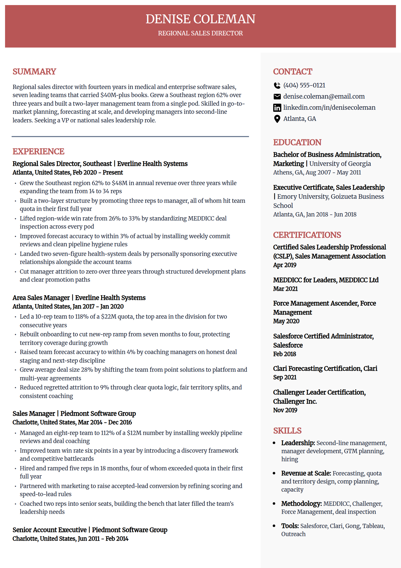 Regional sales director resume example in the Executive template