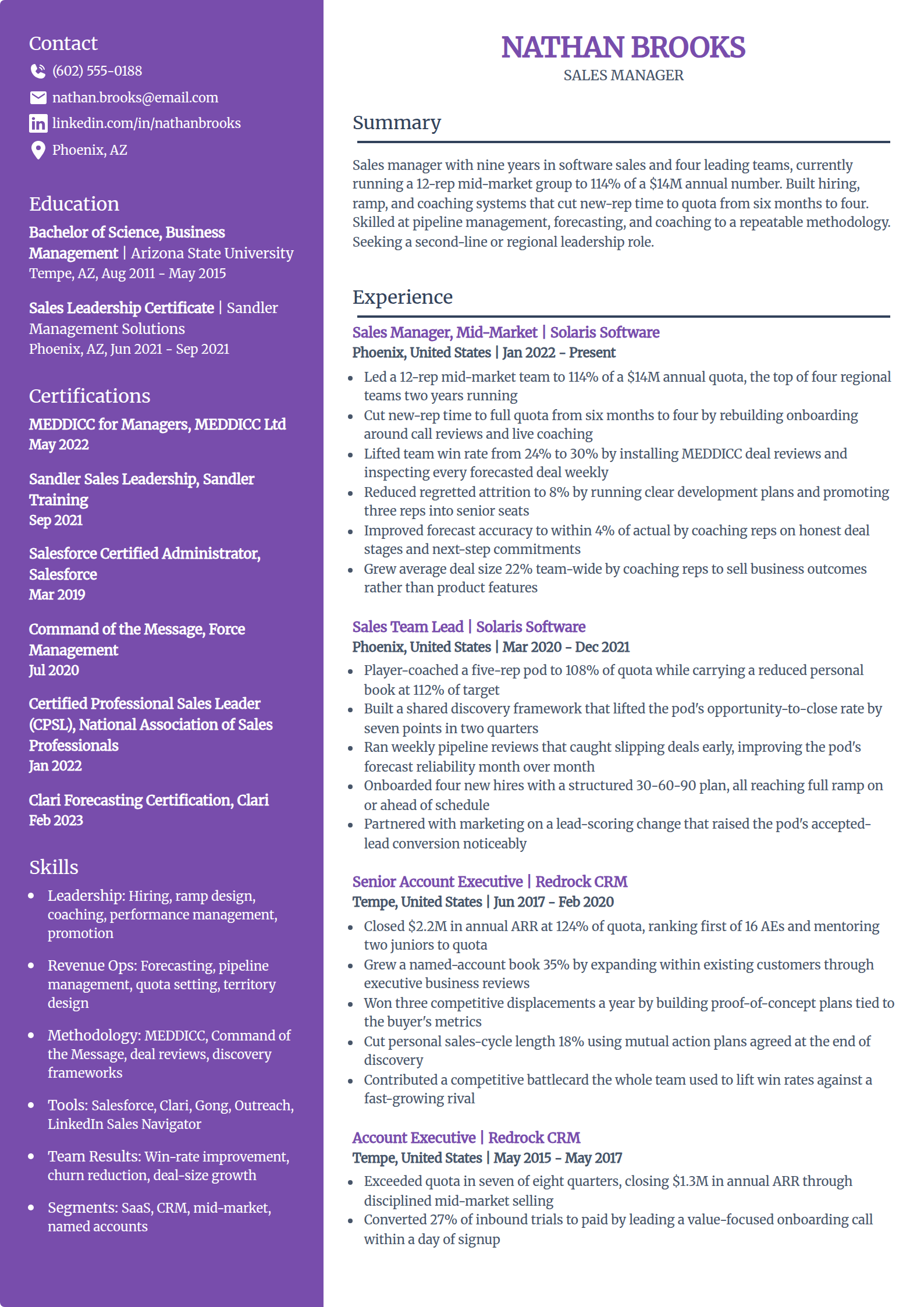 Sales manager resume example in the Pioneer template