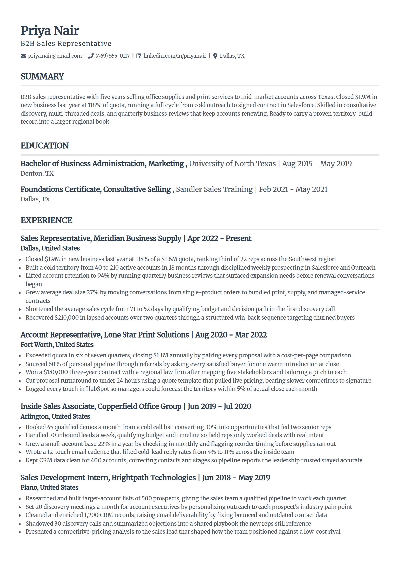 B2B sales representative resume example in the Classic template