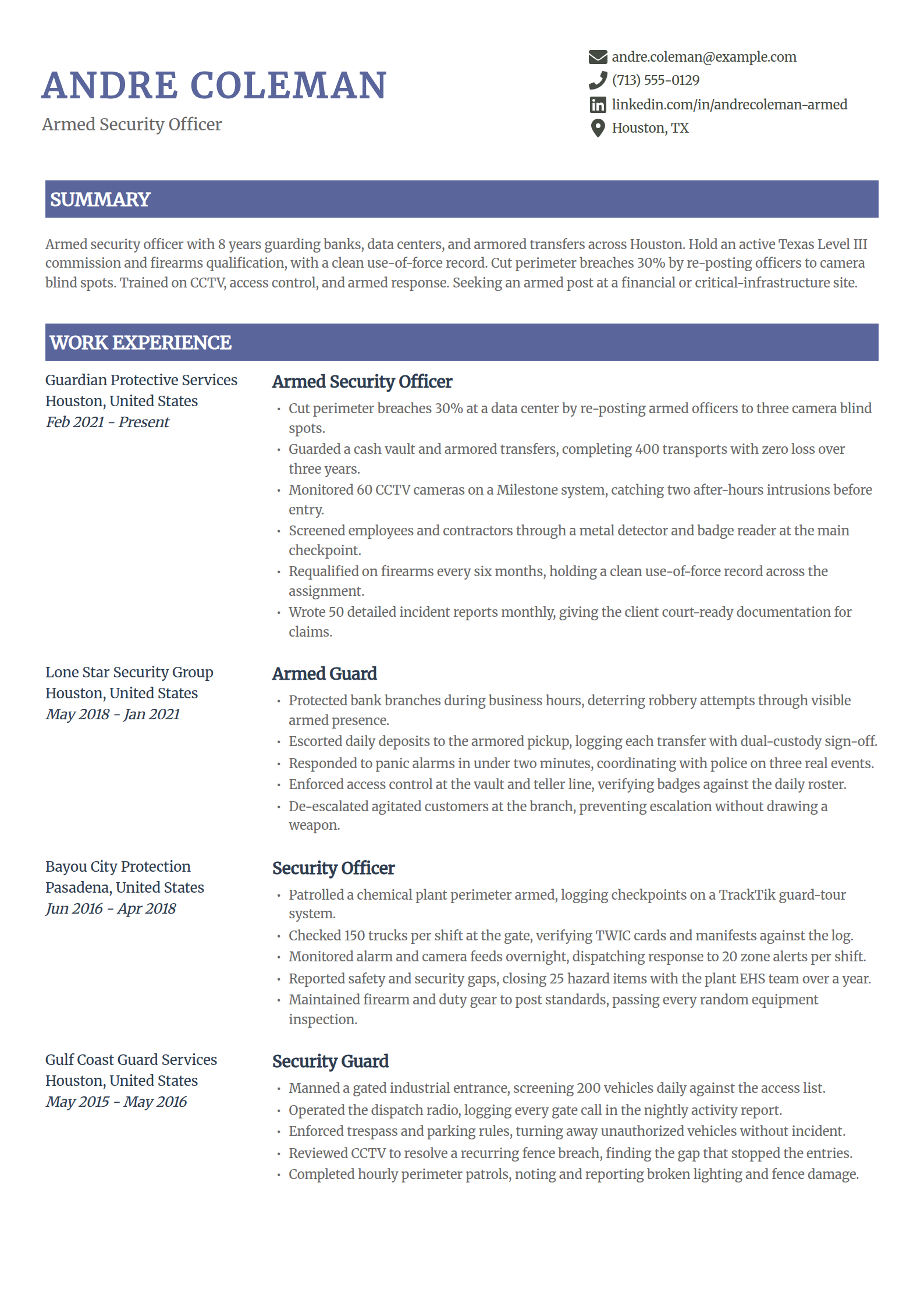 Armed security officer resume example in the Catalyst template