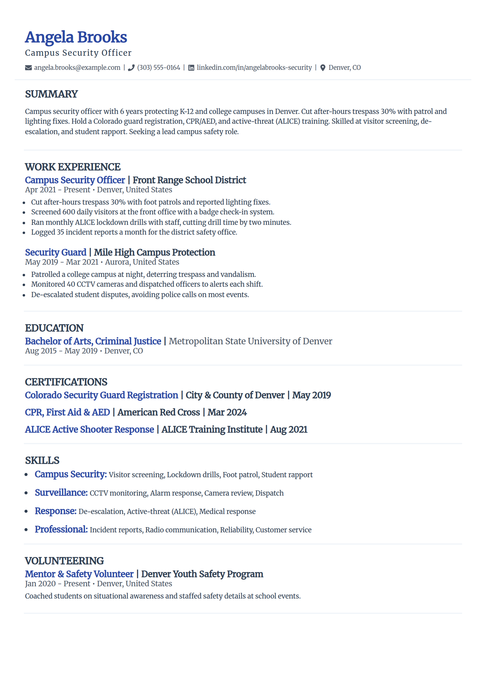 Campus school security officer resume example in the Elegant template