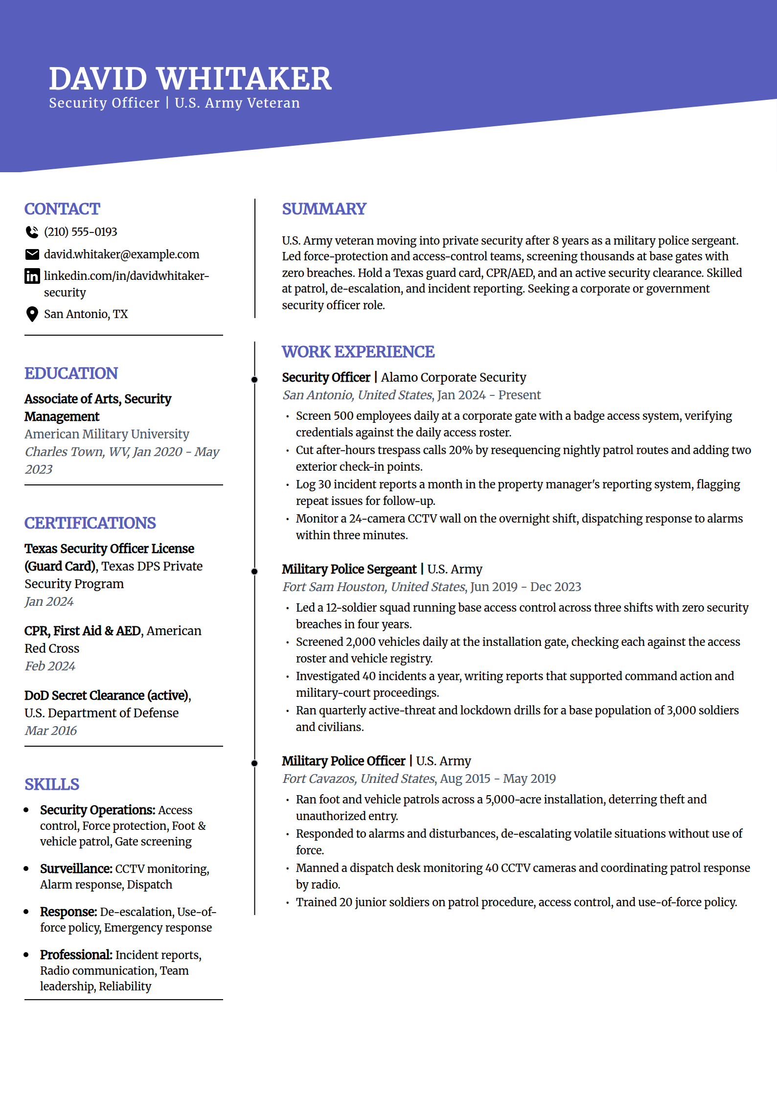Ex-military career-changer security officer resume example in the Orbit template