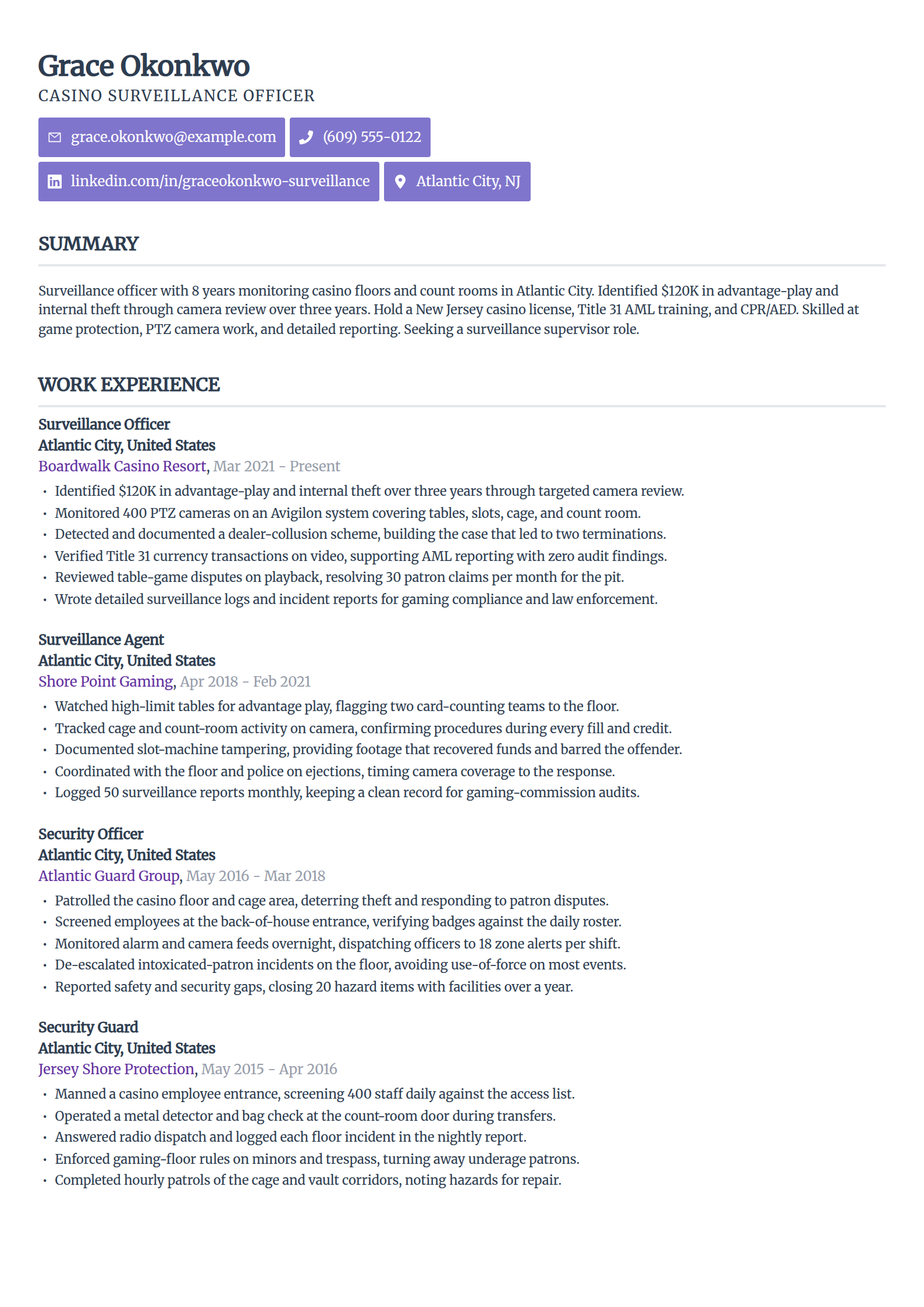 Casino surveillance officer resume example in the Sleek Framework template