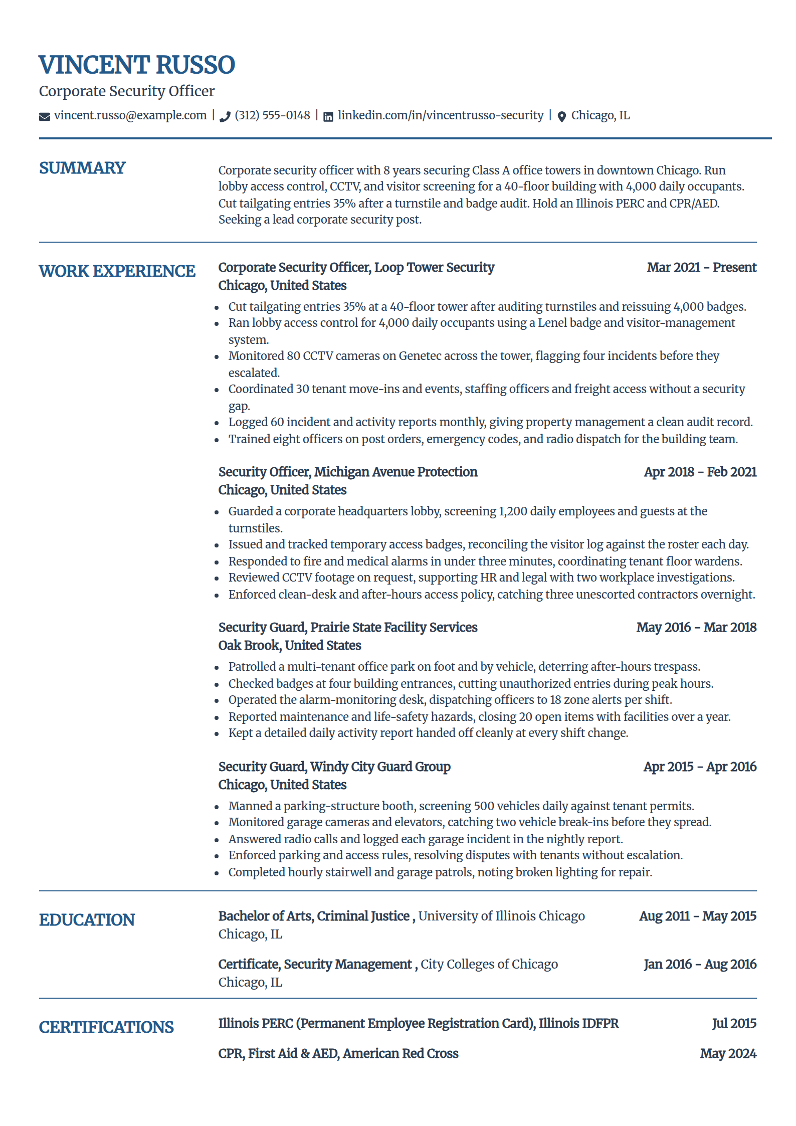 Corporate office building security resume example in the Craft template