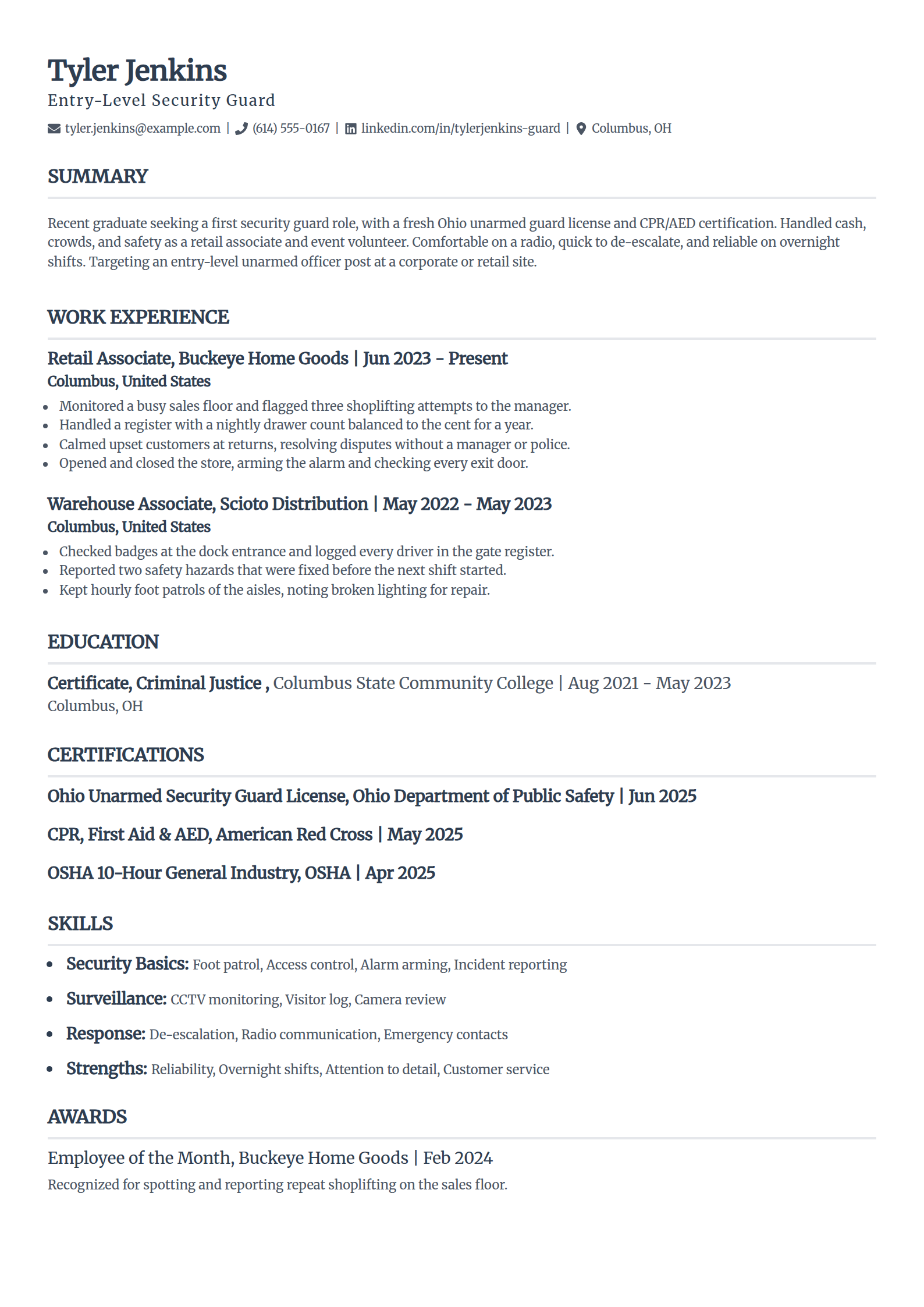 Entry-level no-experience security guard resume example in the Classic template