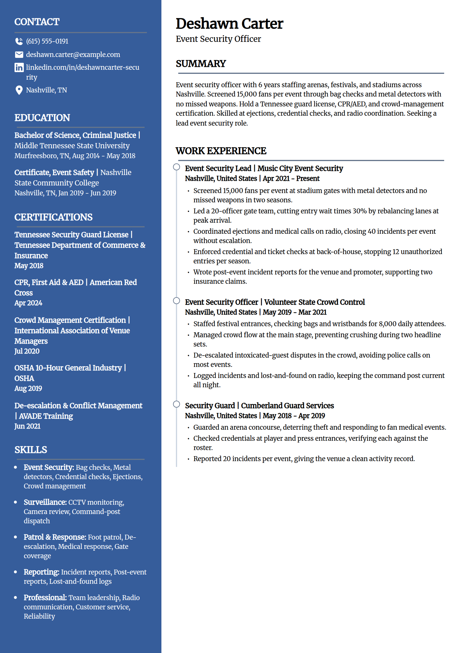 Event and venue security officer resume example in the Creative template