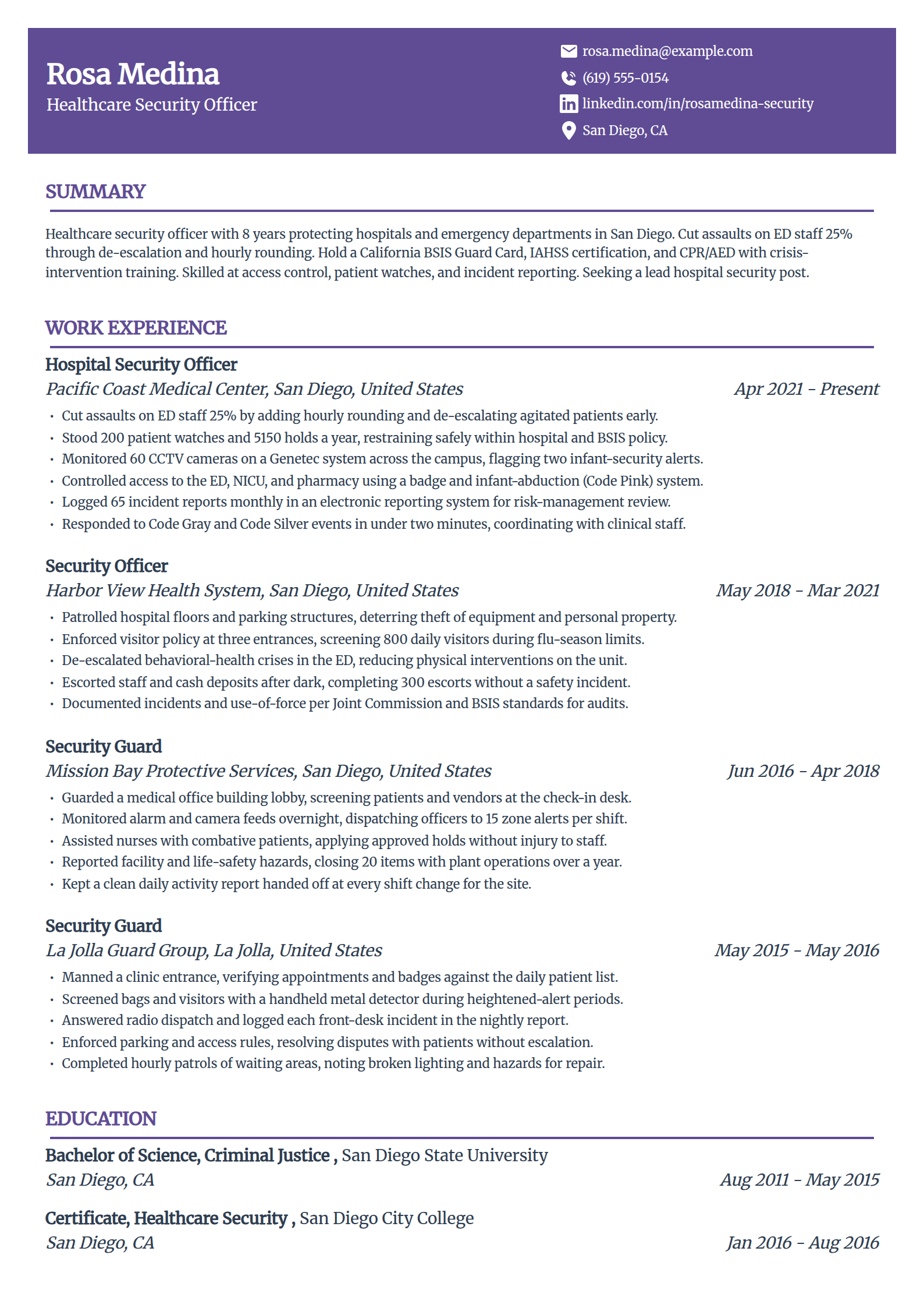 Hospital healthcare security officer resume example in the Panorama template