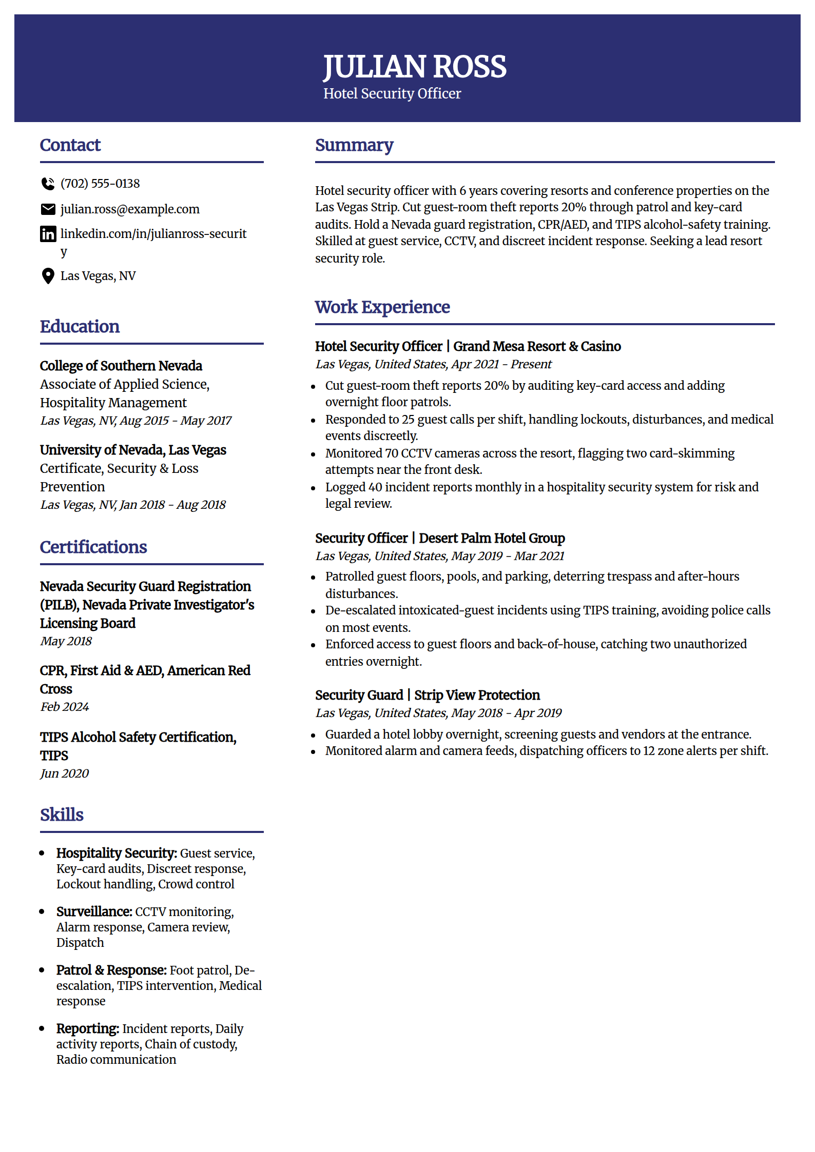 Hotel hospitality security officer resume example in the Visionary template