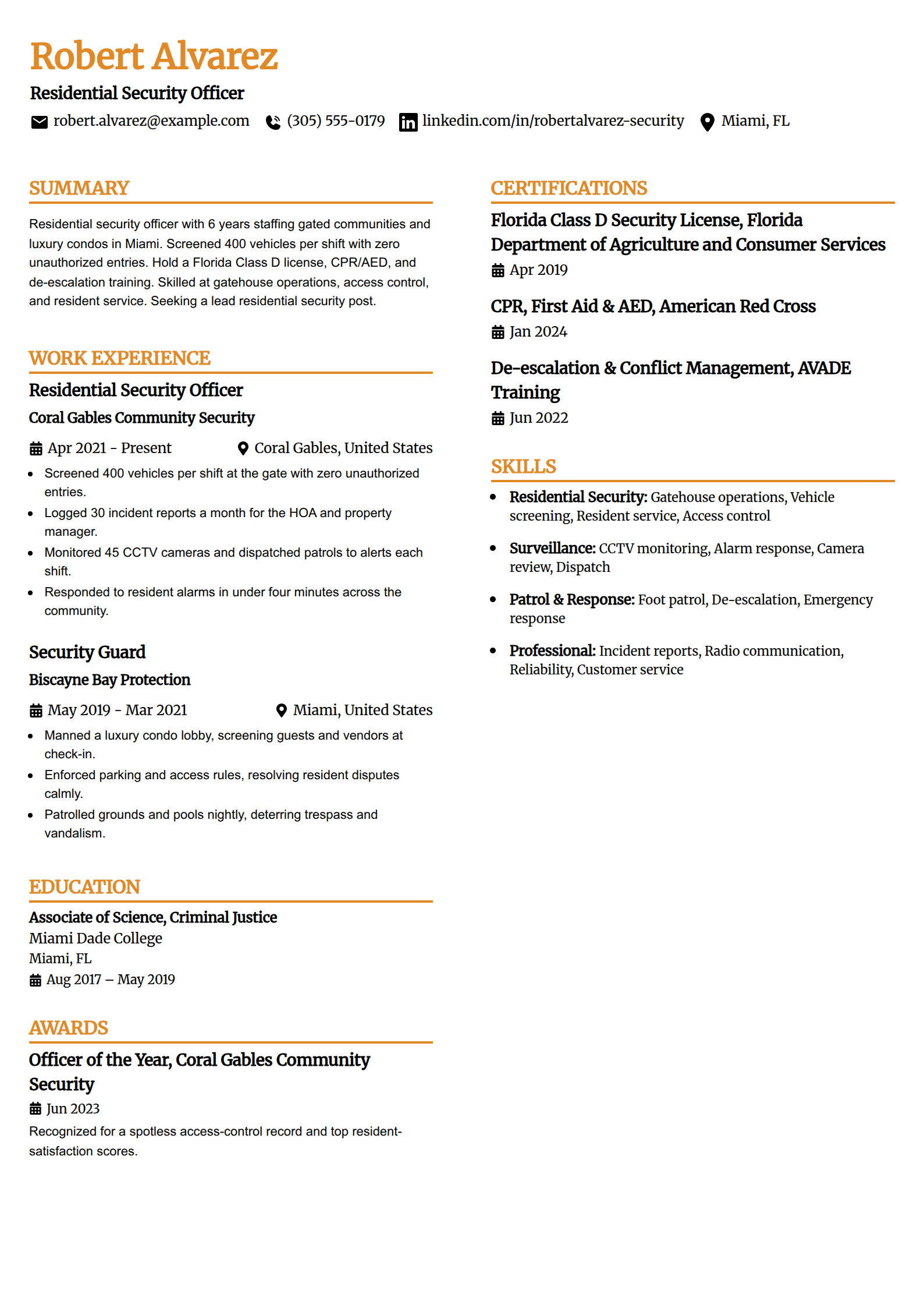 Gated community residential security officer resume example in the Professional Edge template