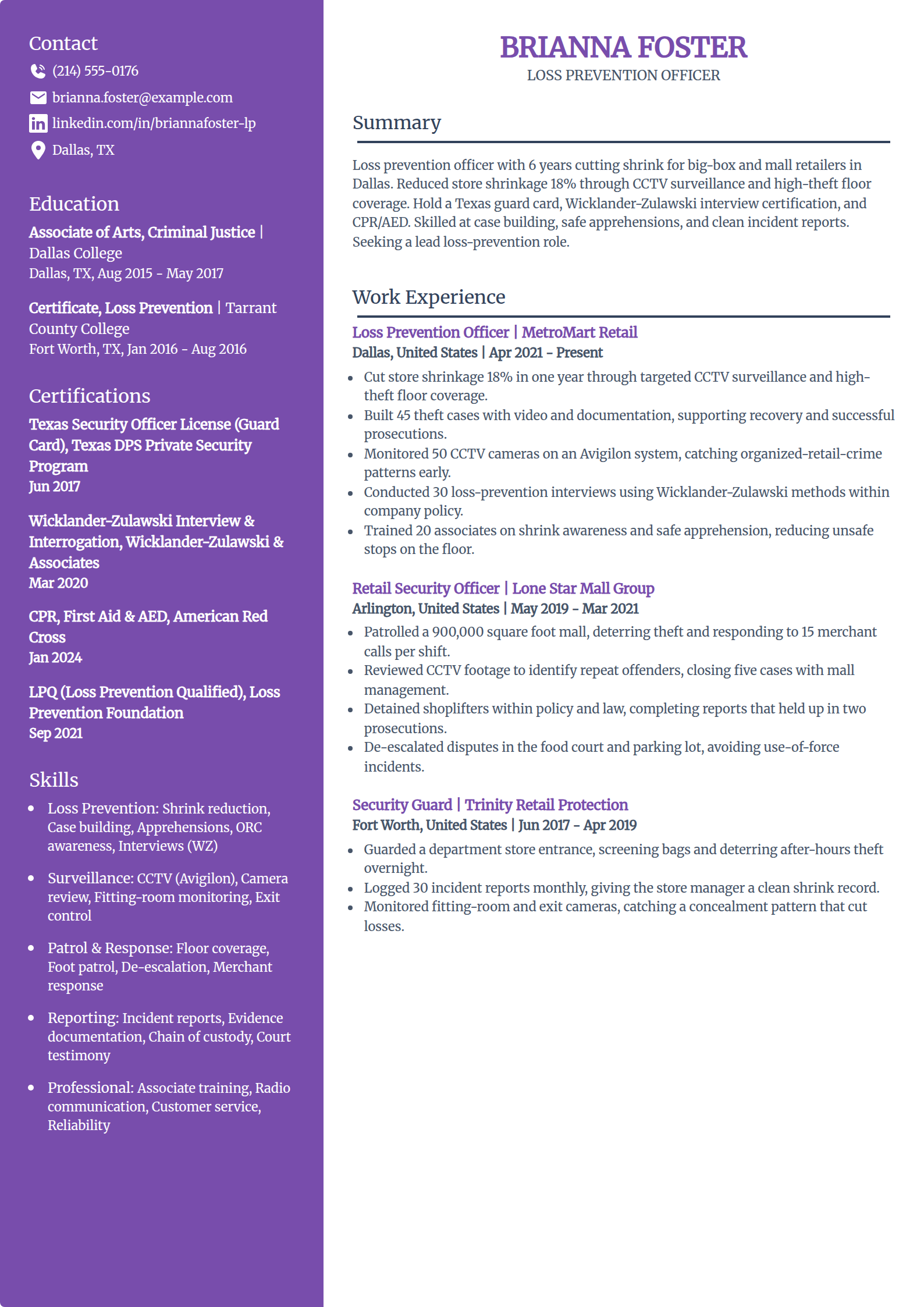 Retail loss prevention officer resume example in the Pioneer template