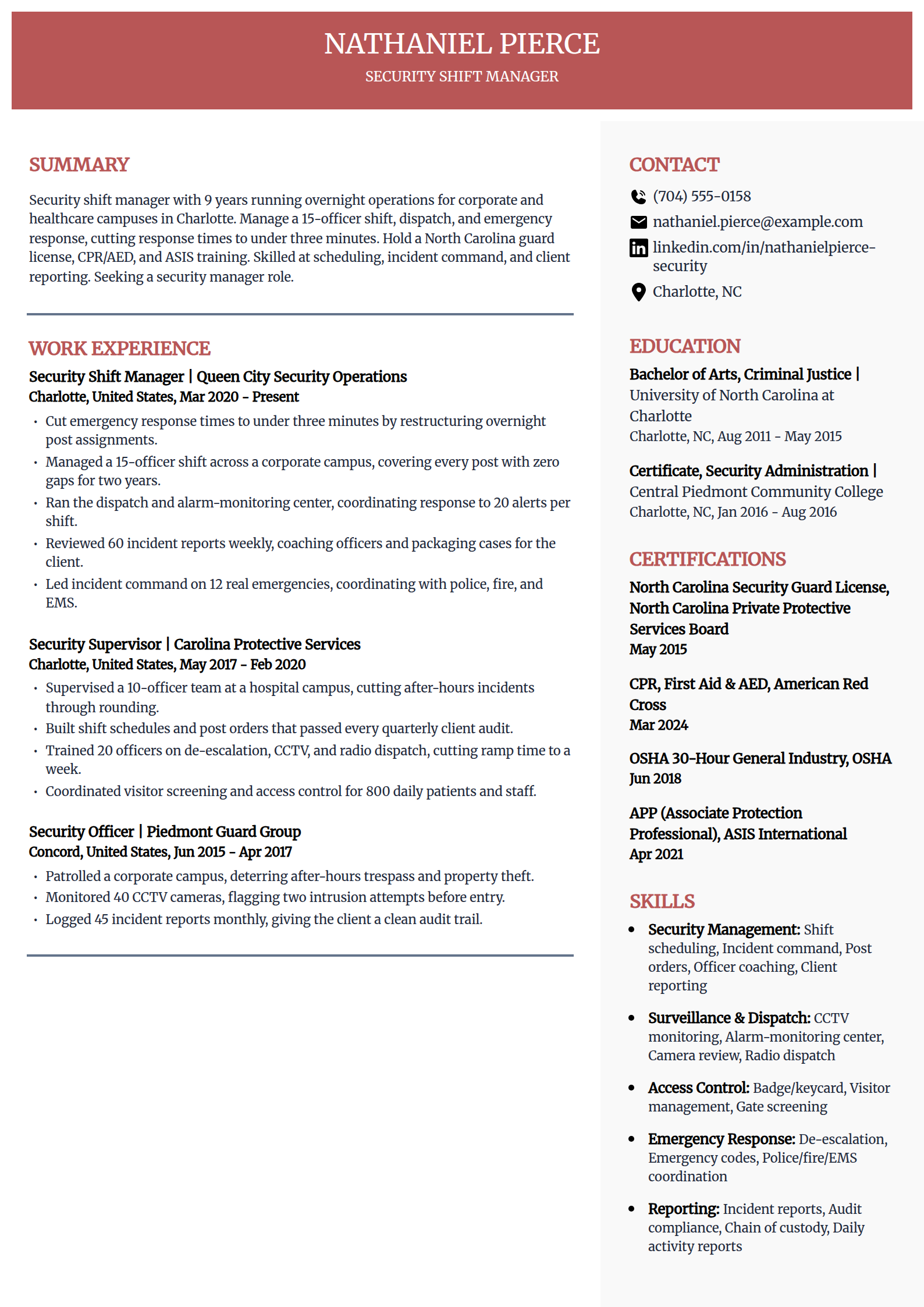 Security shift manager resume example in the Executive template