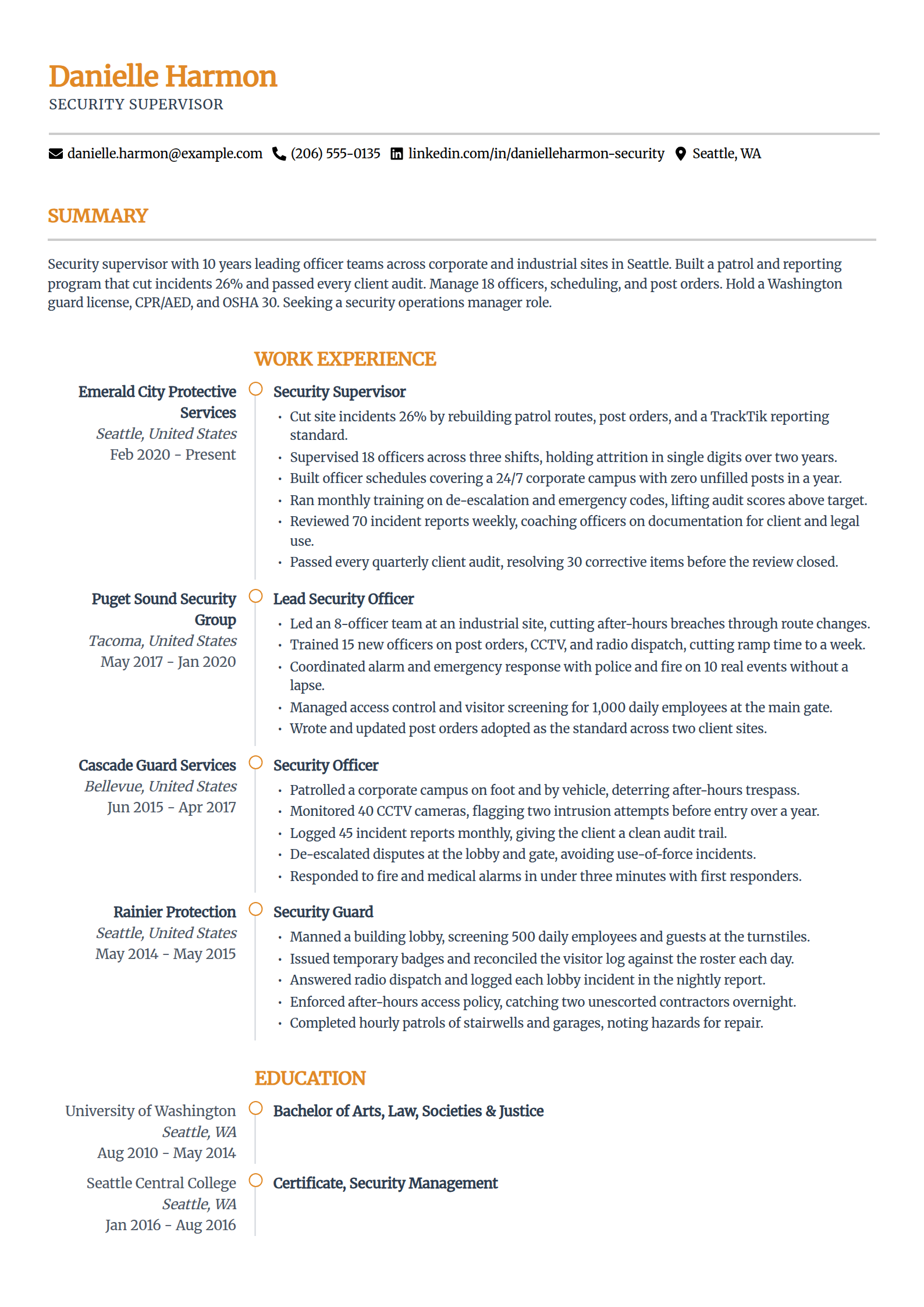 Security supervisor lead resume example in the Zenith template
