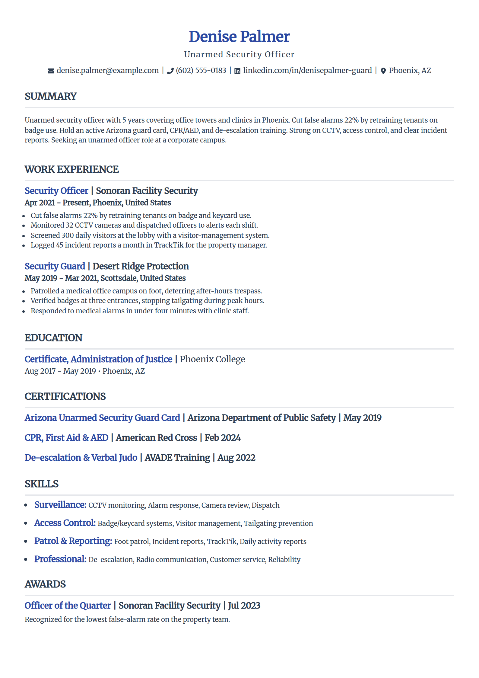 Unarmed security officer resume example in the Simple template