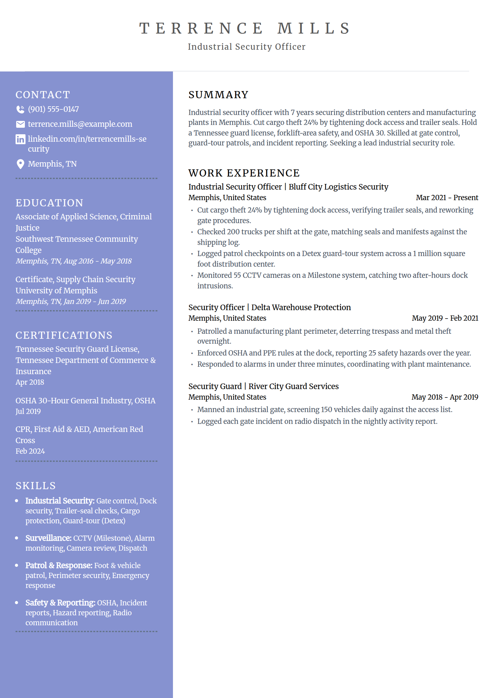 Warehouse industrial security officer resume example in the Luminary template