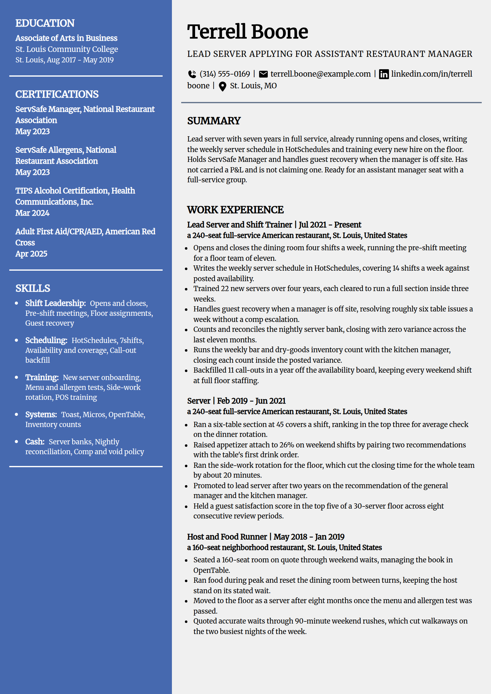 Server moving to assistant restaurant manager resume example in the Innovative template