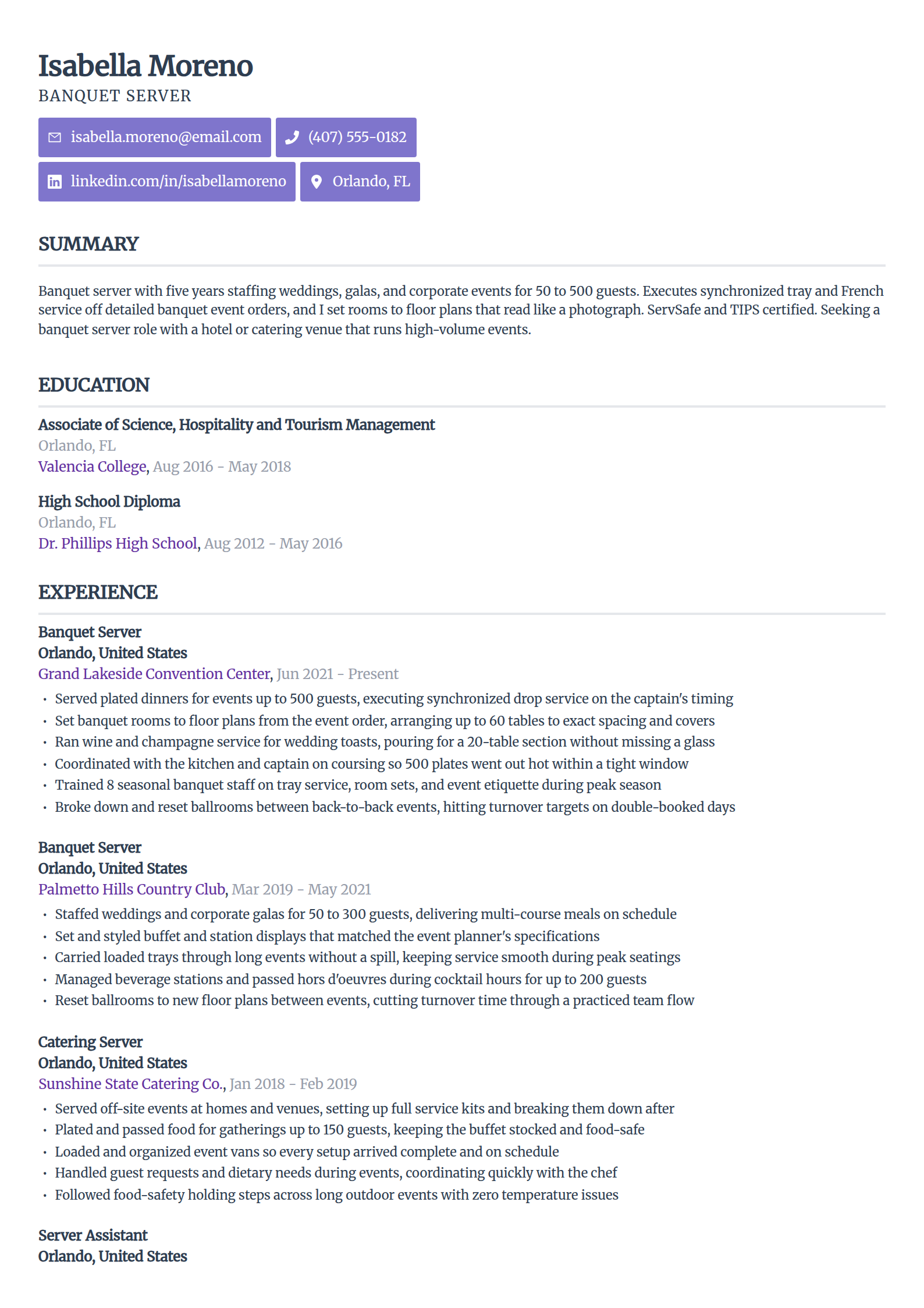 Banquet server resume example in the Sleek Framework template