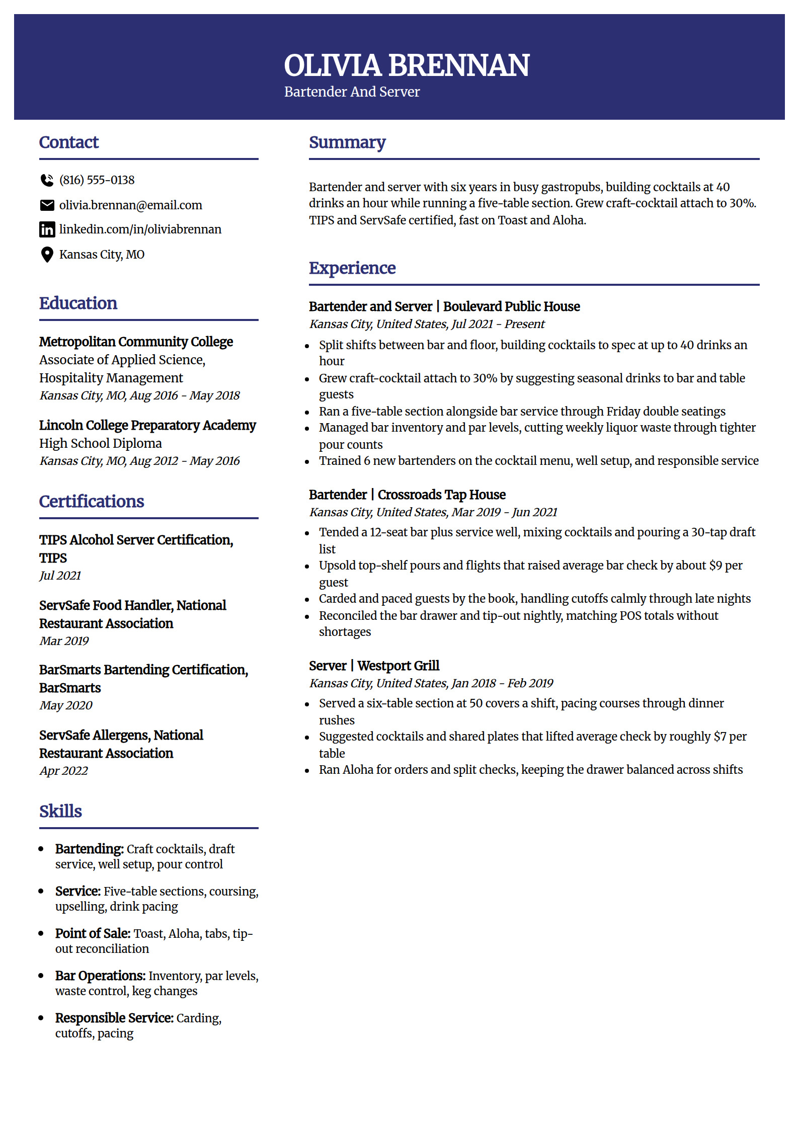 Bartender / server resume example in the Visionary template