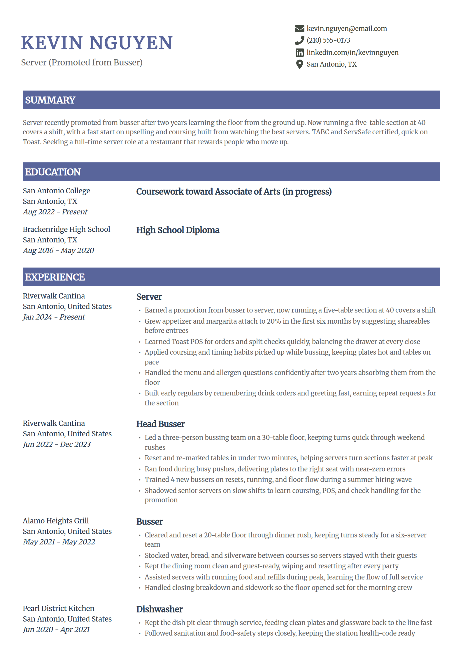 Busser to server resume example in the Catalyst template