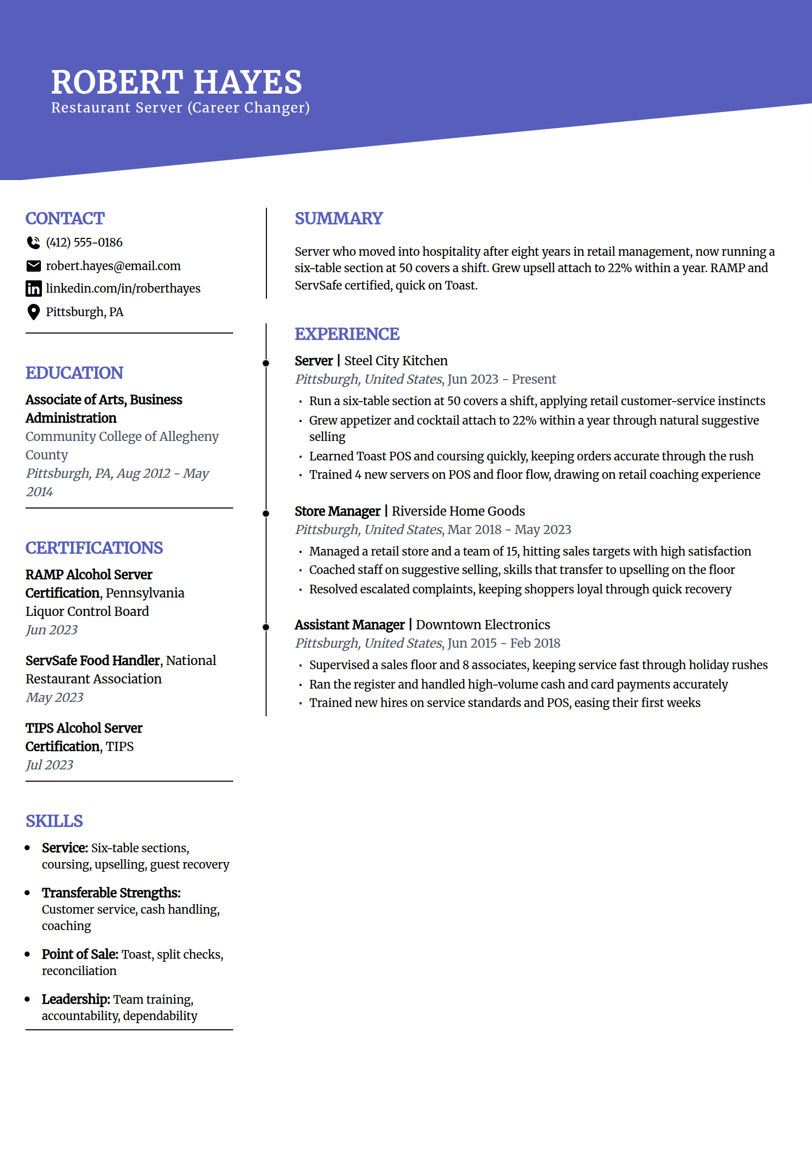 Career-changer server resume example in the Orbit template