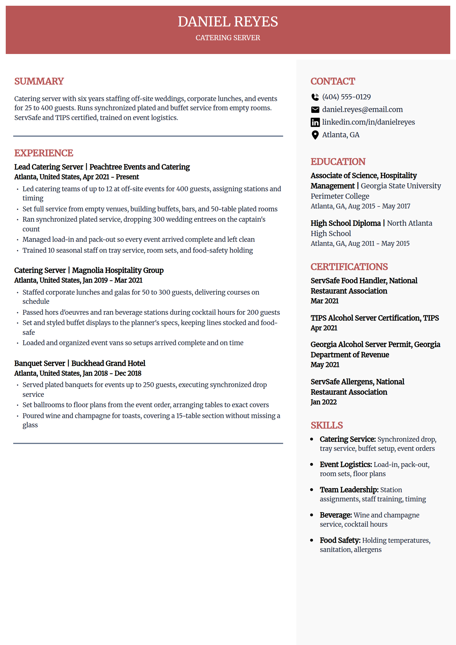 Catering server resume example in the Executive template