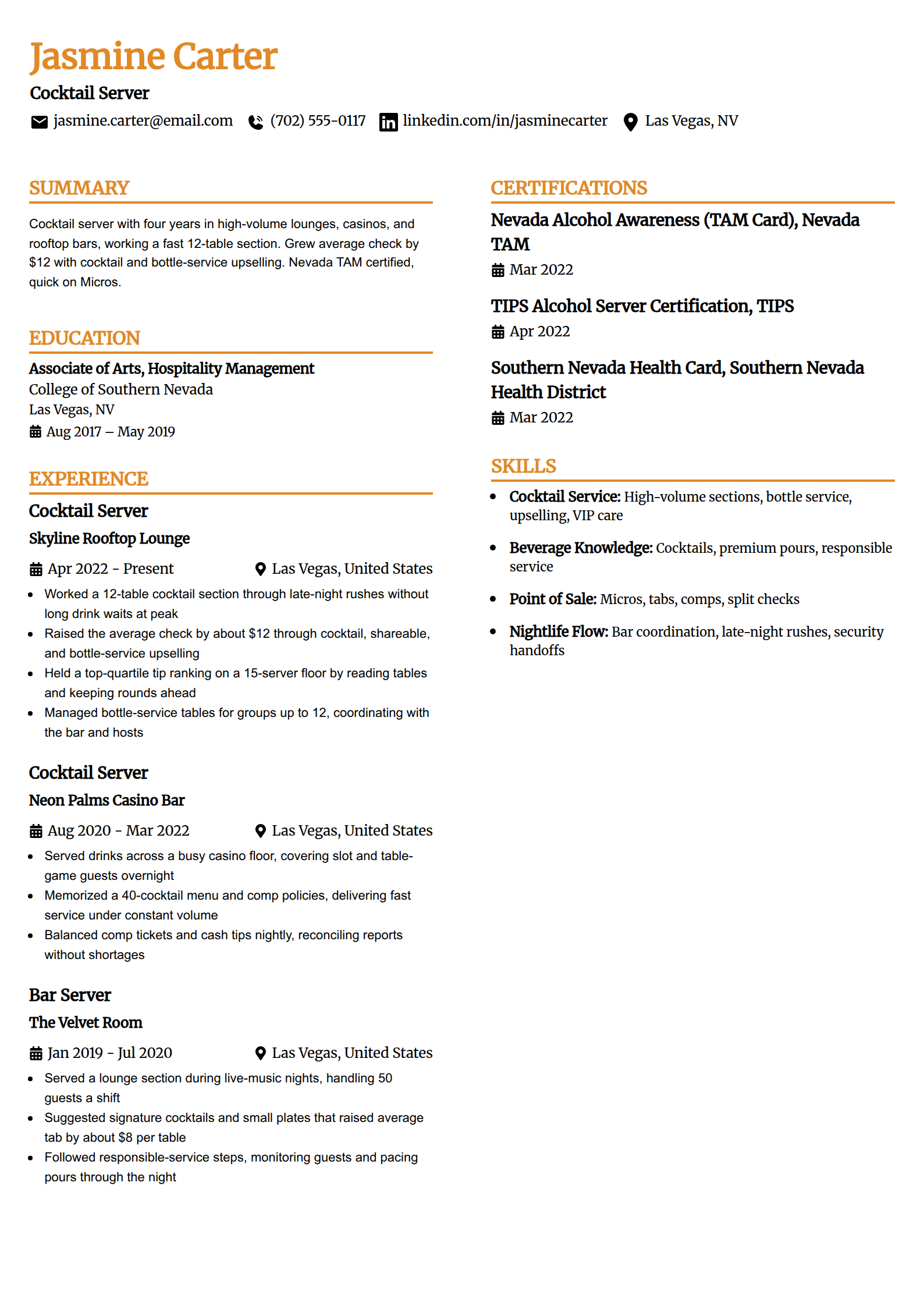 Cocktail server resume example in the Professional Edge template