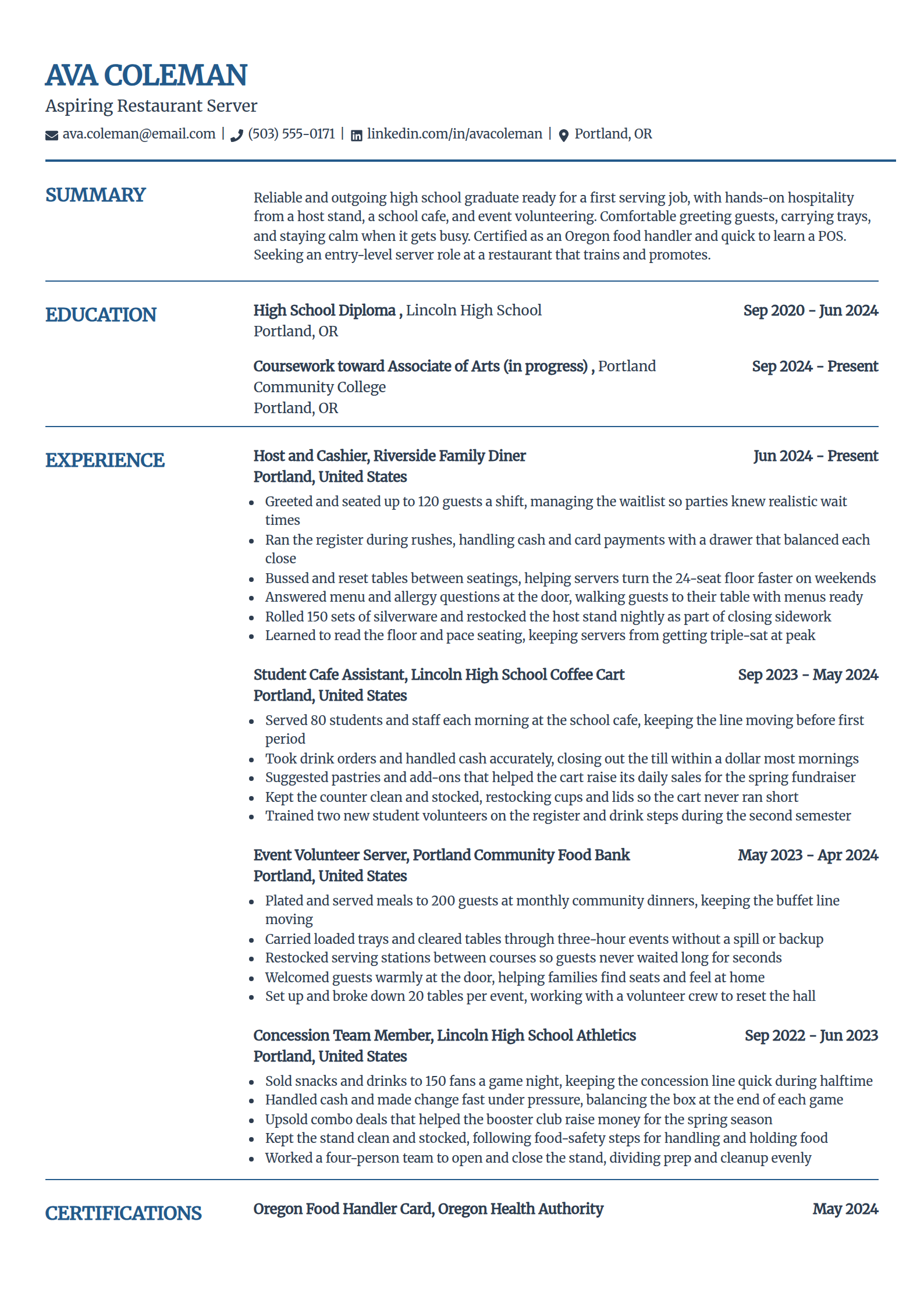 Entry-level server (no experience) resume example in the Craft template