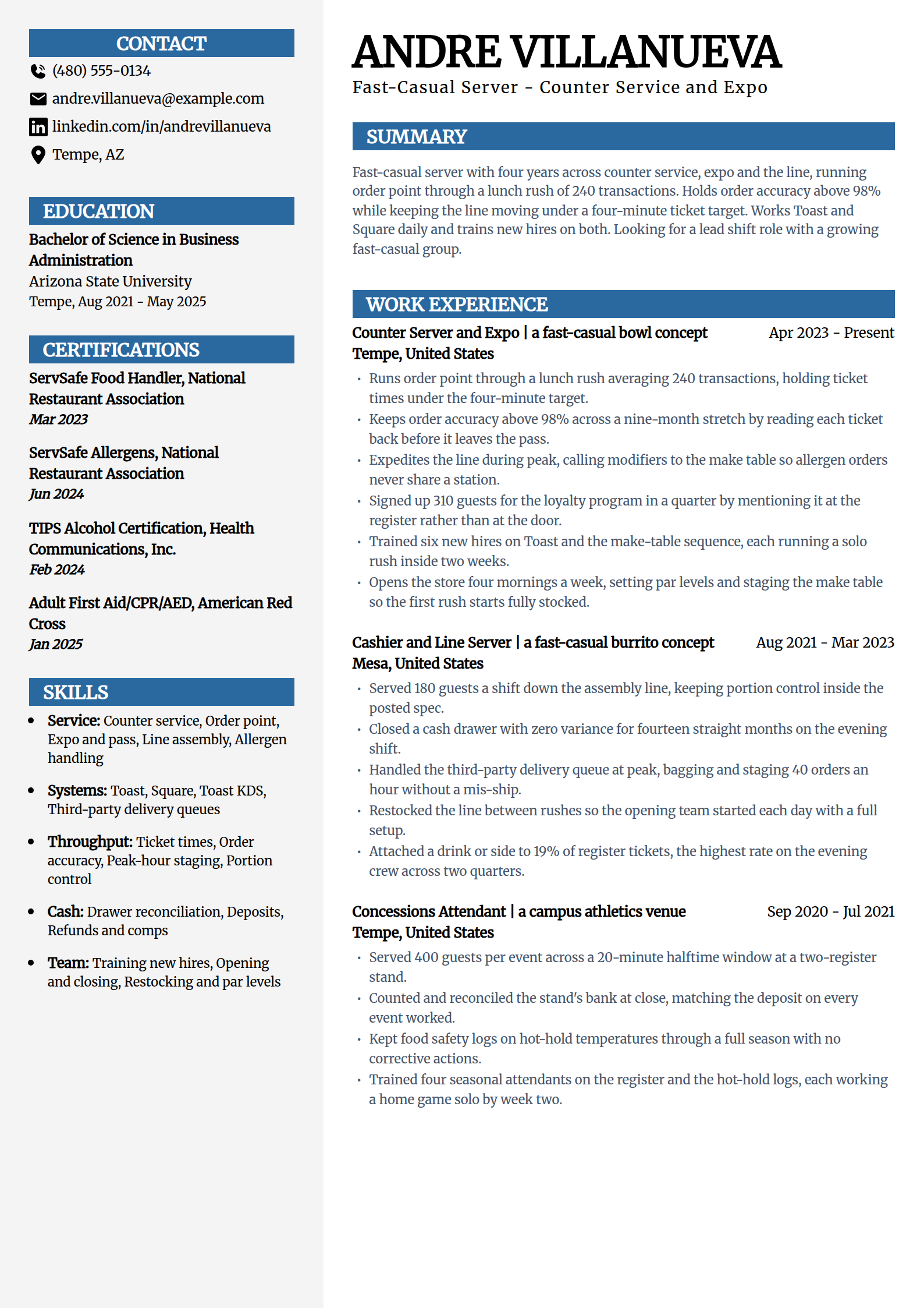 Fast-casual counter service server resume example in the Mosaic template