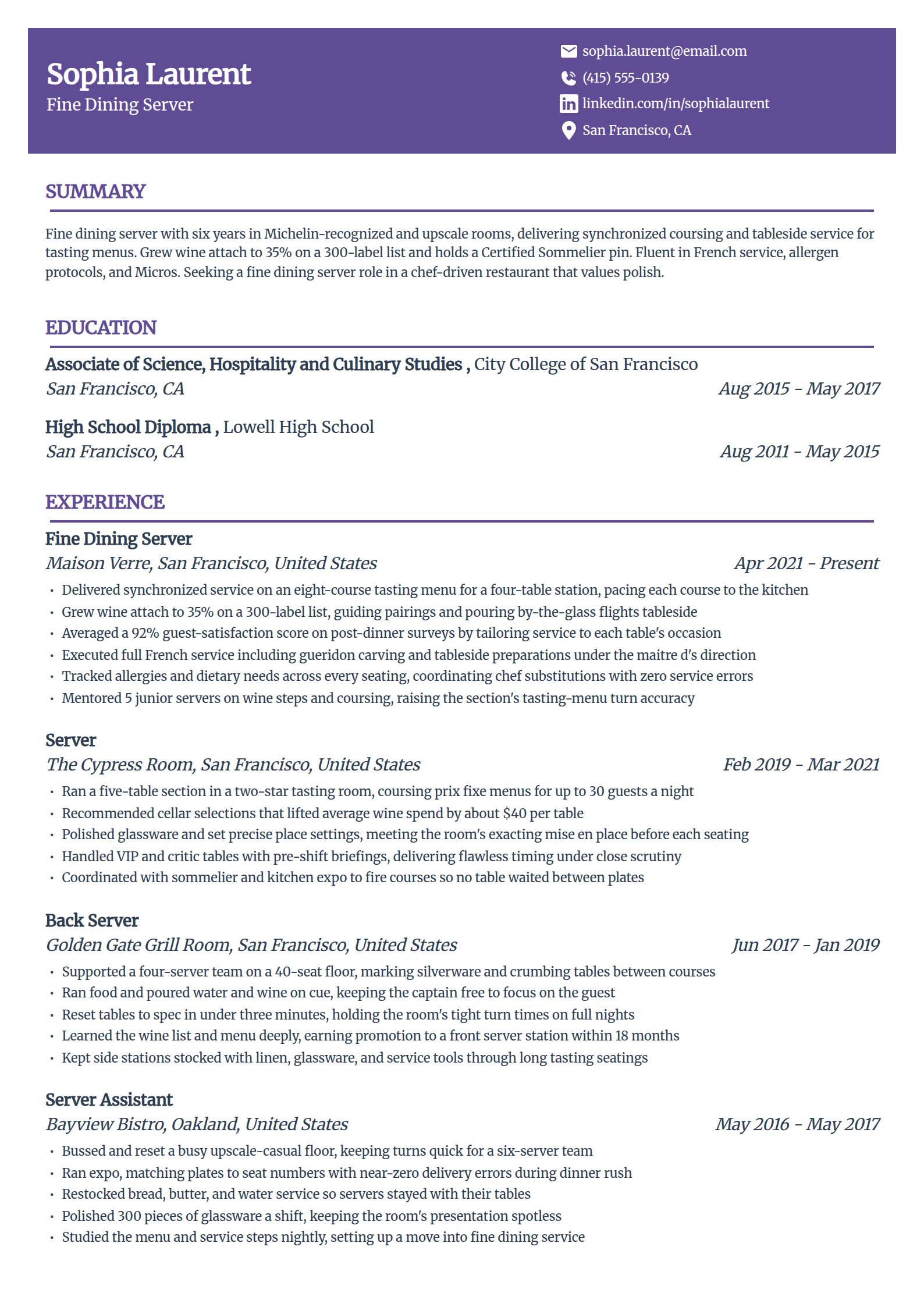 Fine dining server resume example in the Panorama template