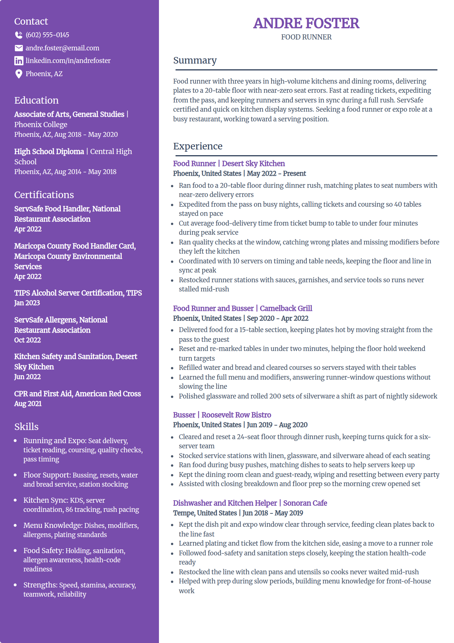Food runner resume example in the Pioneer template
