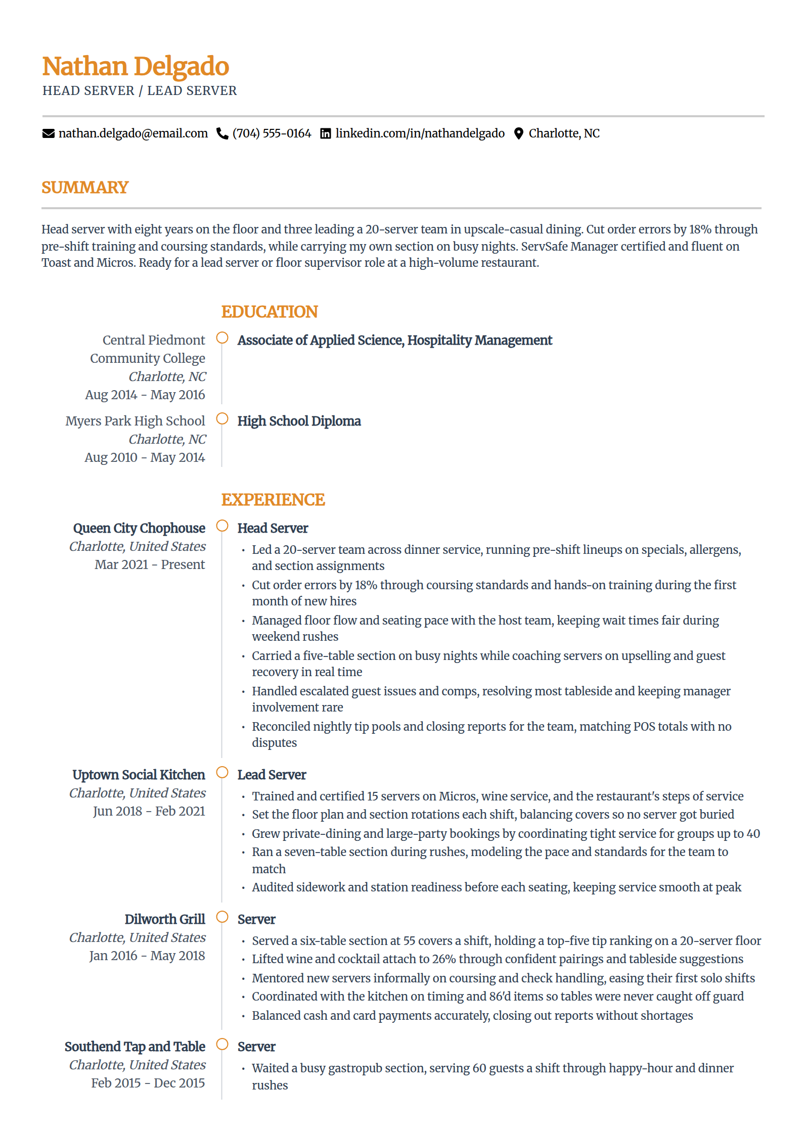 Head / lead server resume example in the Zenith template
