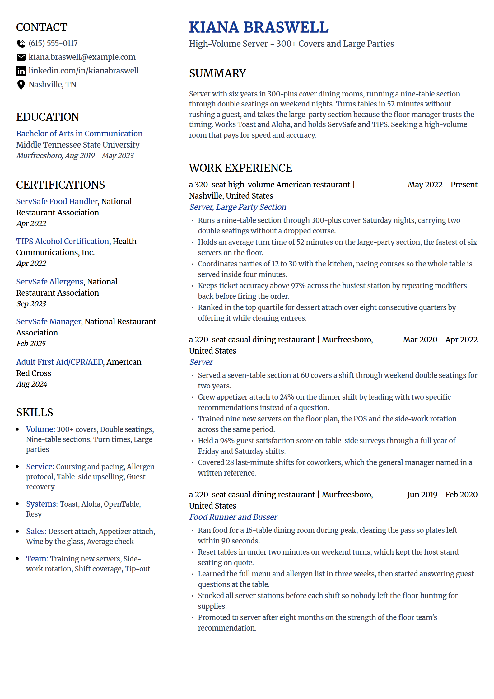 High-volume server resume example in the Voyage template