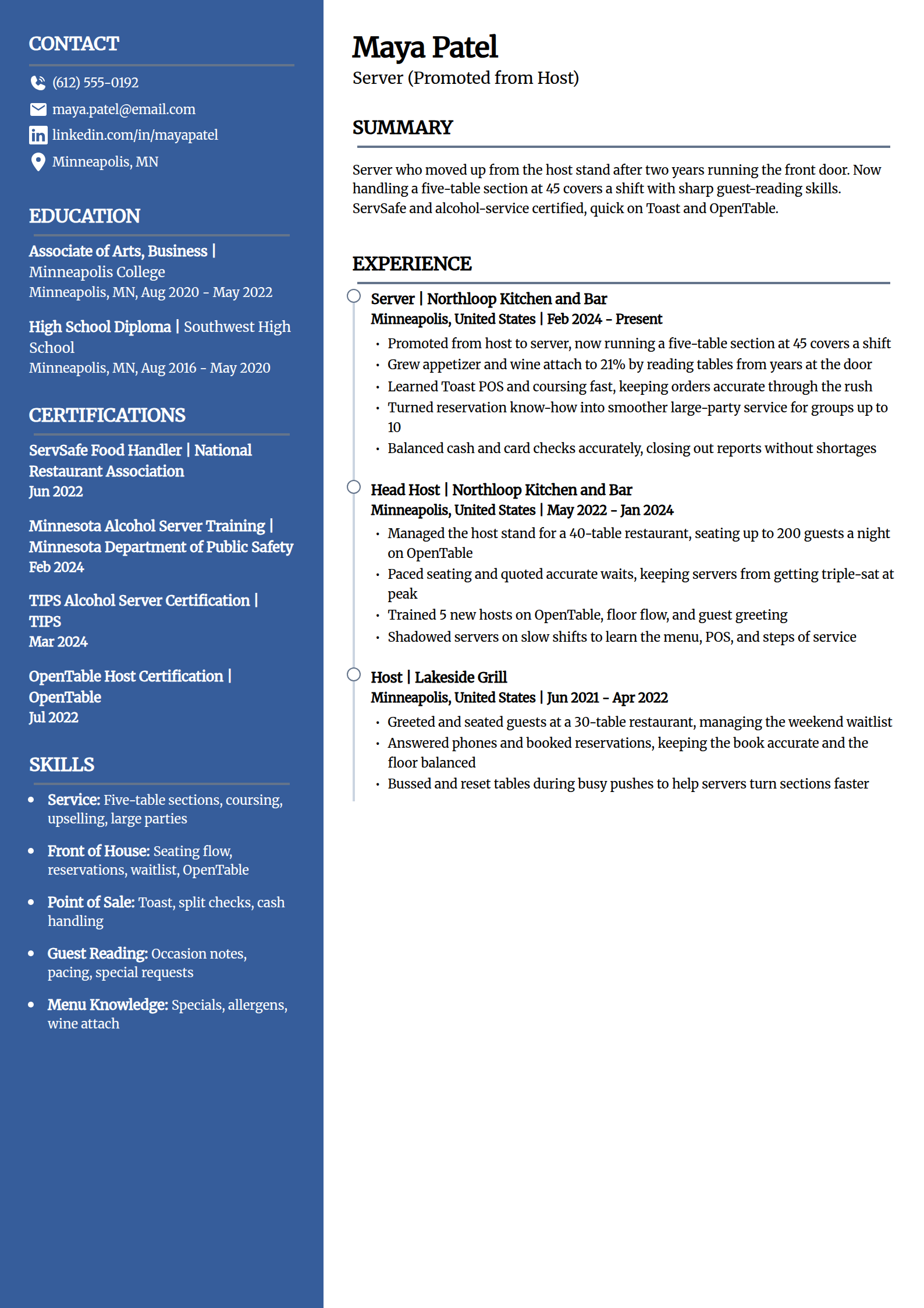 Host to server resume example in the Creative template