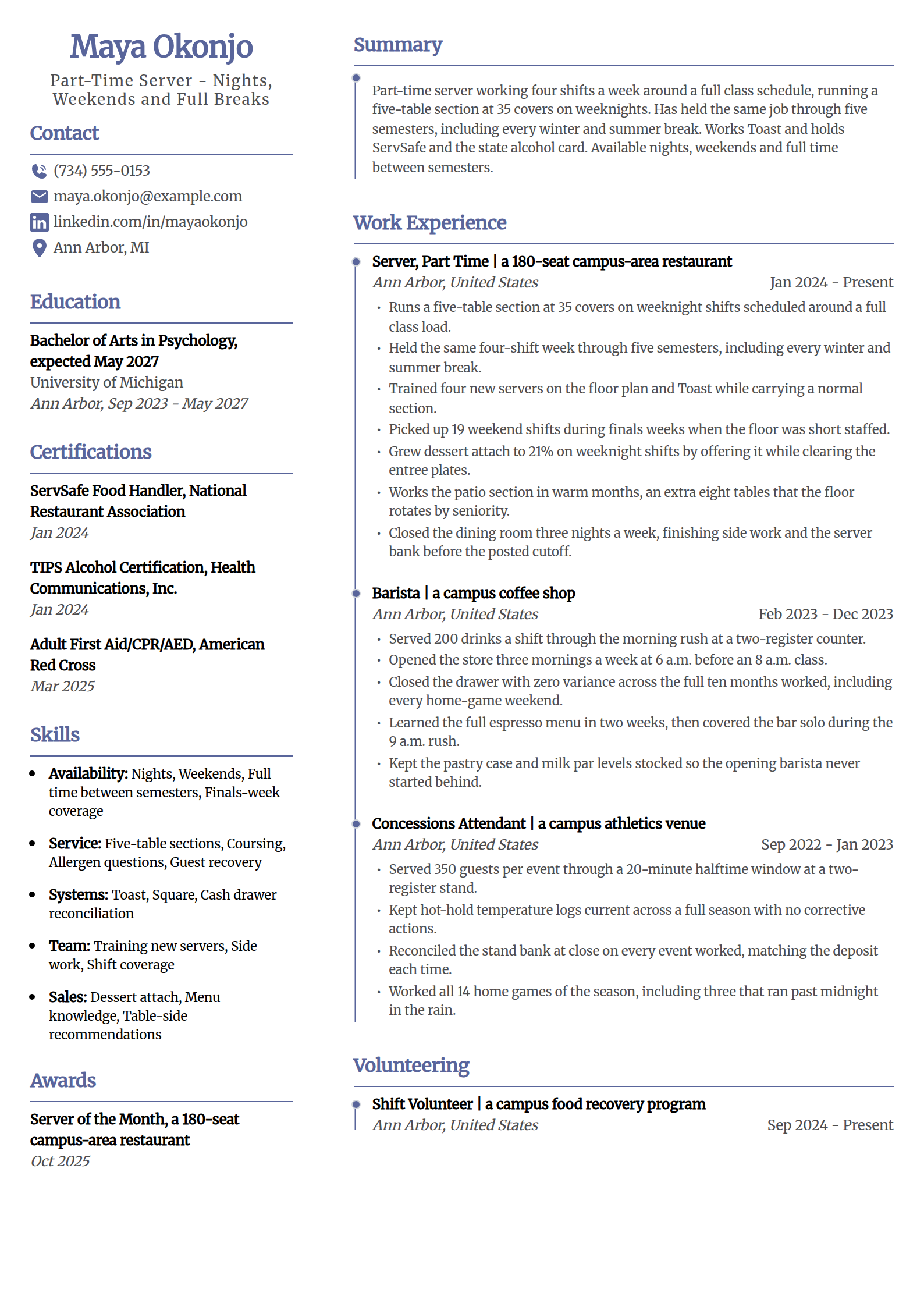 Part-time student server resume example in the Sculpt template
