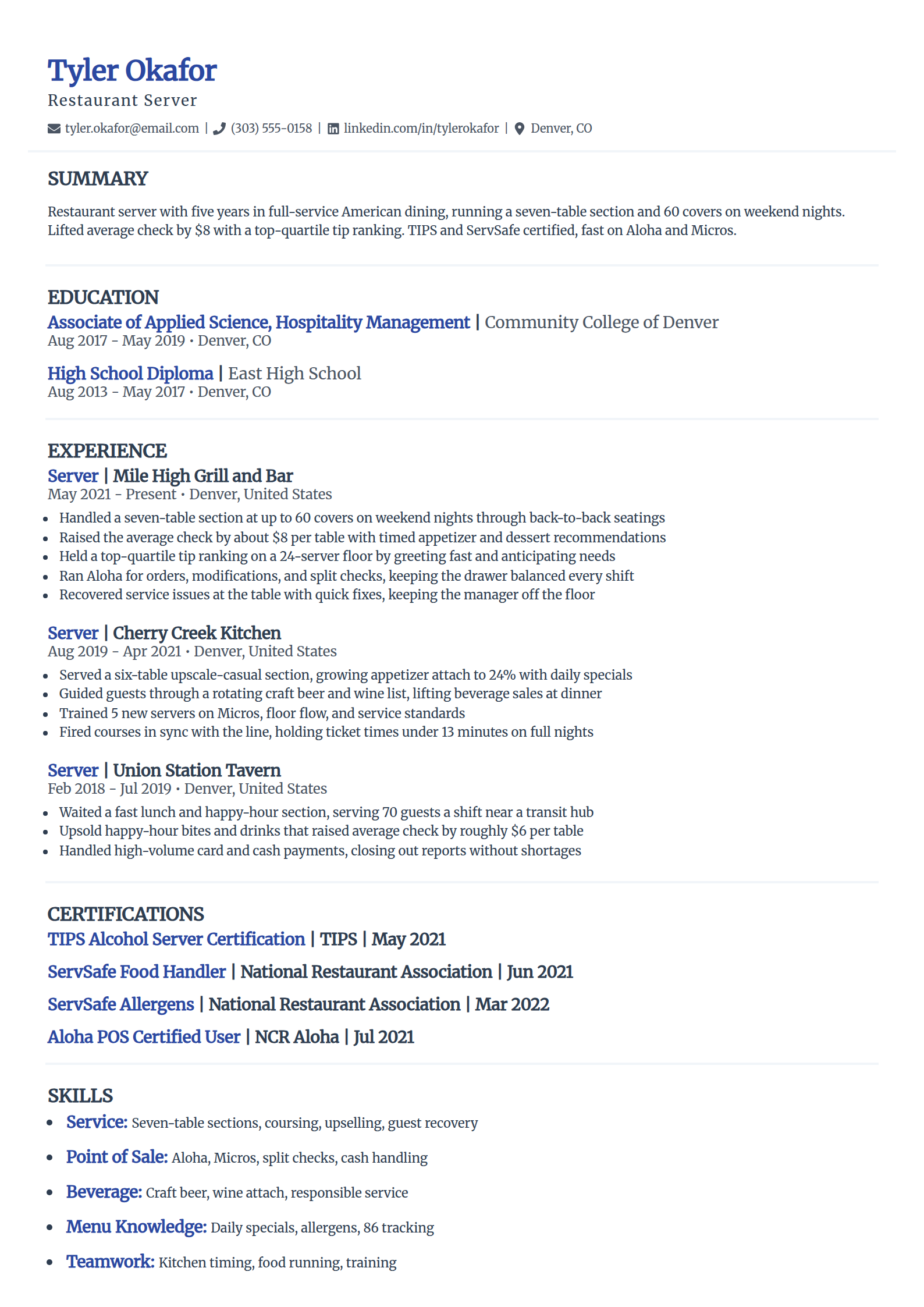 Restaurant server resume example in the Elegant template