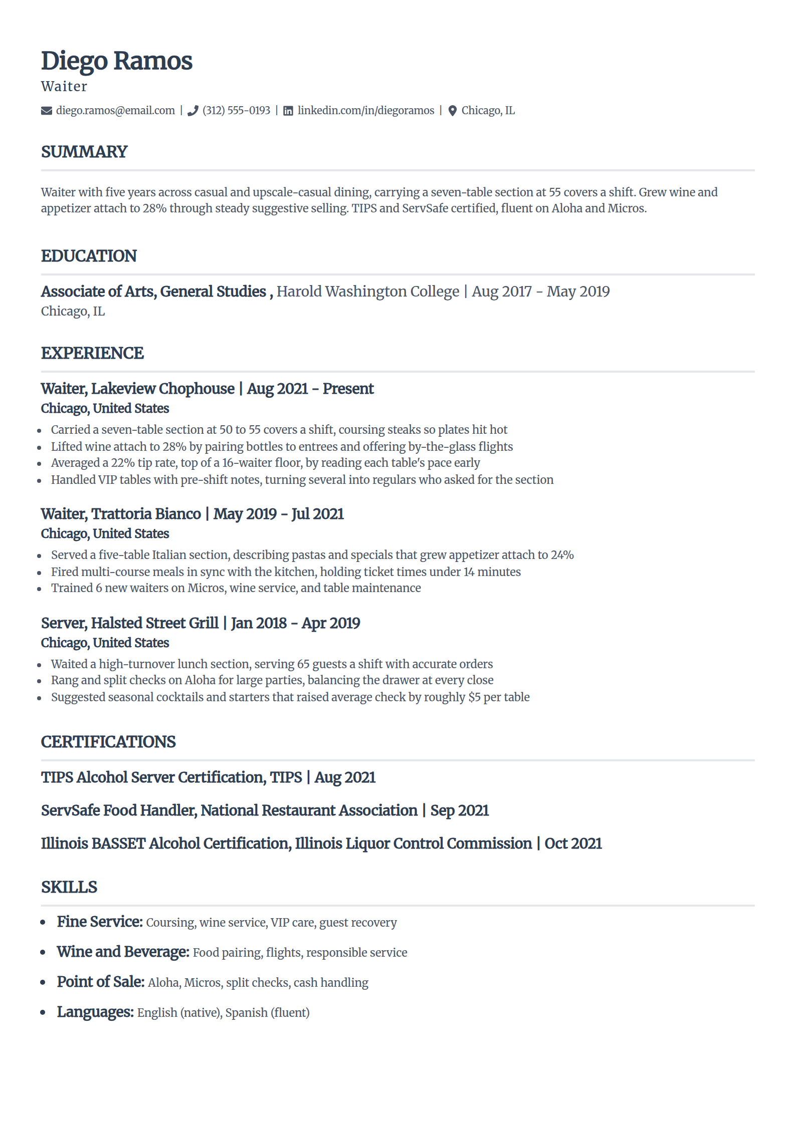 Waiter resume example in the Classic template