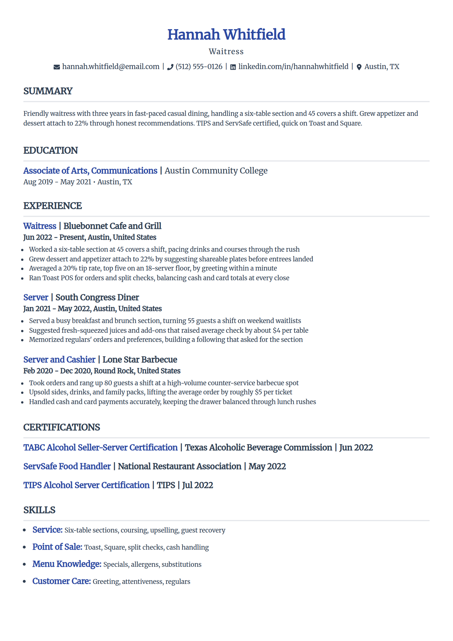 Waitress resume example in the Simple template