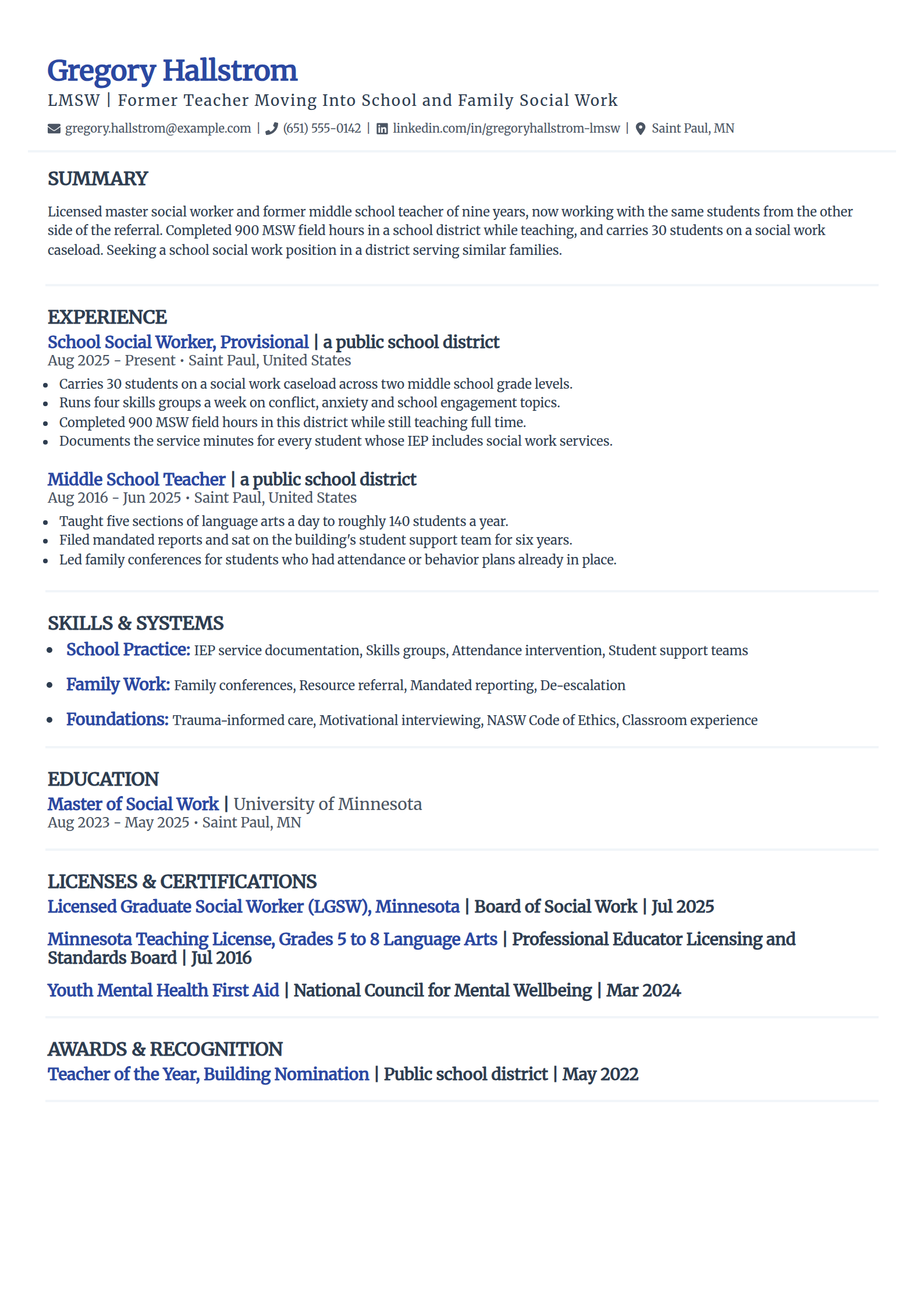 Teacher to social worker career change resume example in the Elegant template