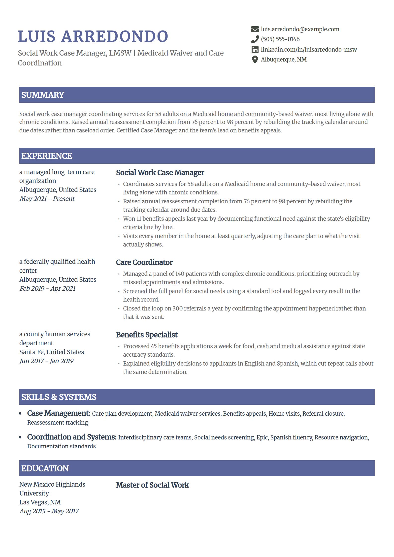 Social work case manager resume example in the Catalyst template